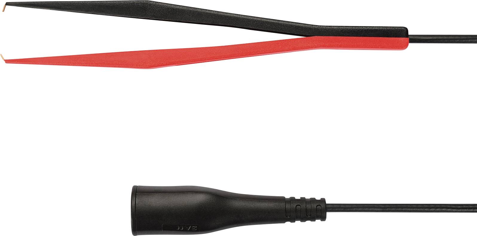 Zwei Krokodilklemmen, eine rot und eine schwarz, zum Anschließen an elektrische Geräte, mit einem Kabel verbunden.