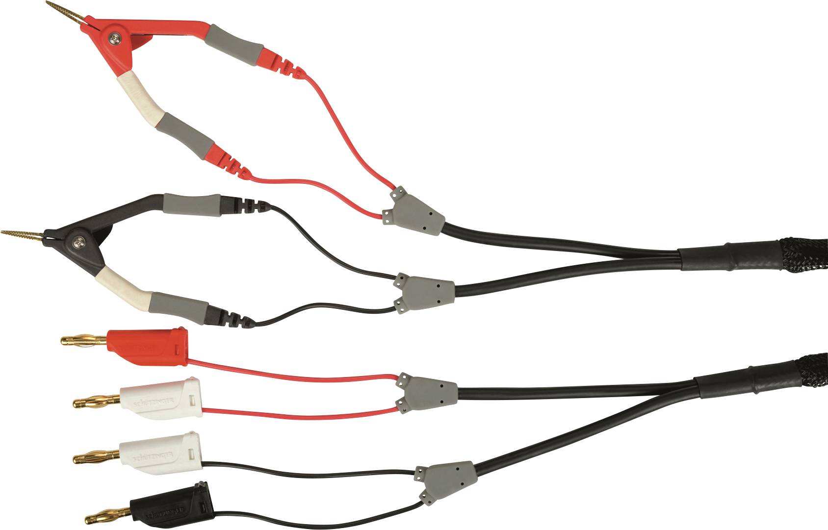 Drei Kabel mit Krokodilklemmen: Ein rotes und ein schwarzes am oberen Ende, zwei rote, zwei weiße und zwei schwarze Anschlüsse unten.