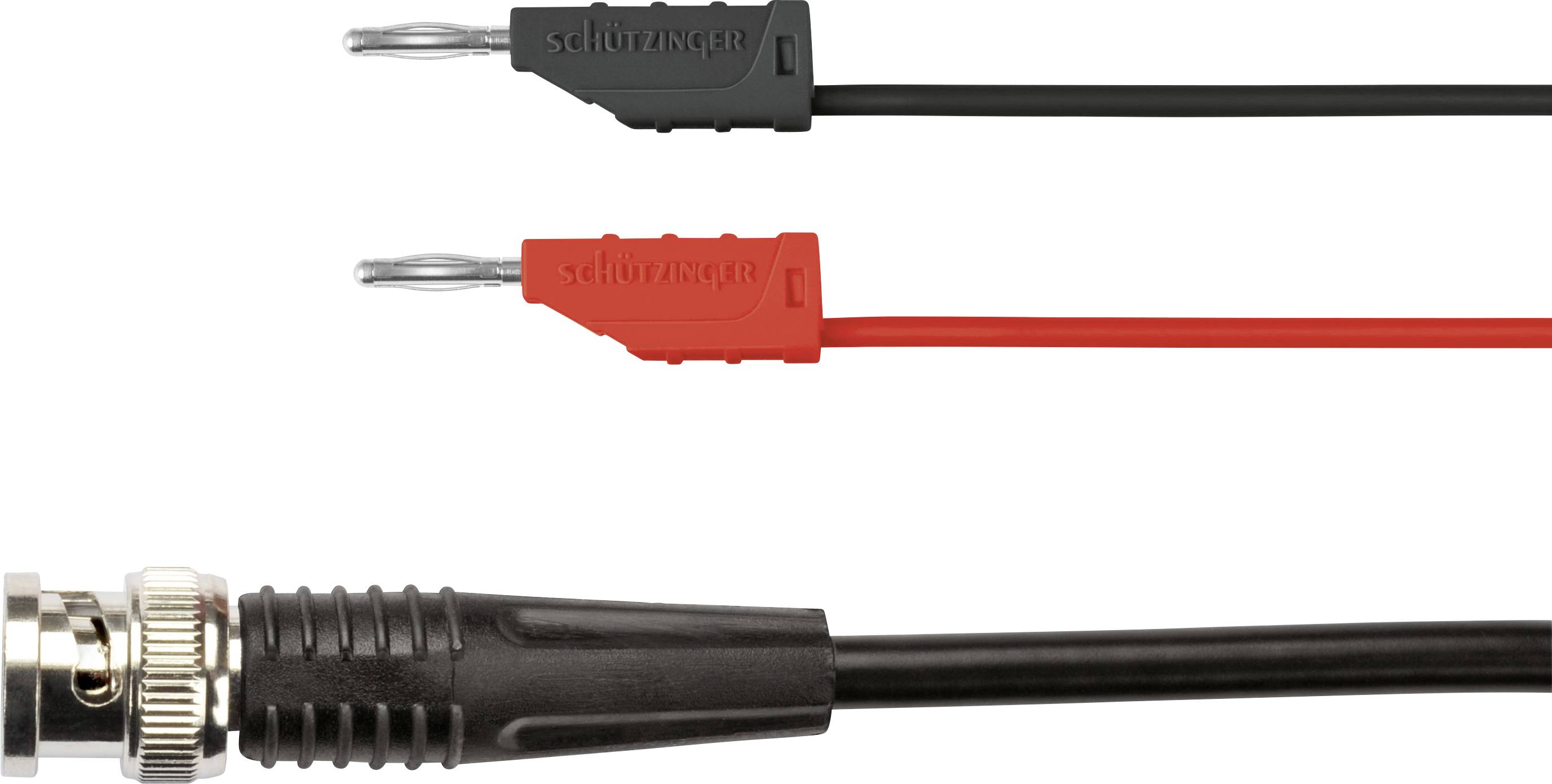 Schwarzes Koaxialkabel mit BNC-Stecker verbunden mit zwei farbigen Prüfspitzen: eine rote und eine schwarze, um Signale zu testen.