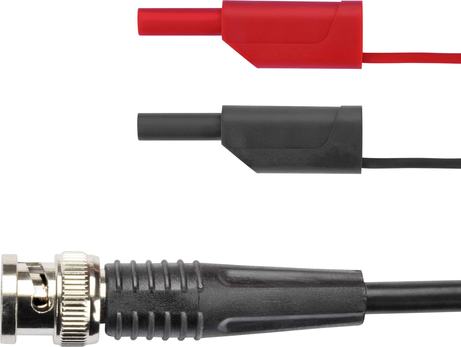 Ein schwarzer BNC-Stecker und zwei Bananenstecker, ein roter und ein schwarzer, nebeneinander liegend.