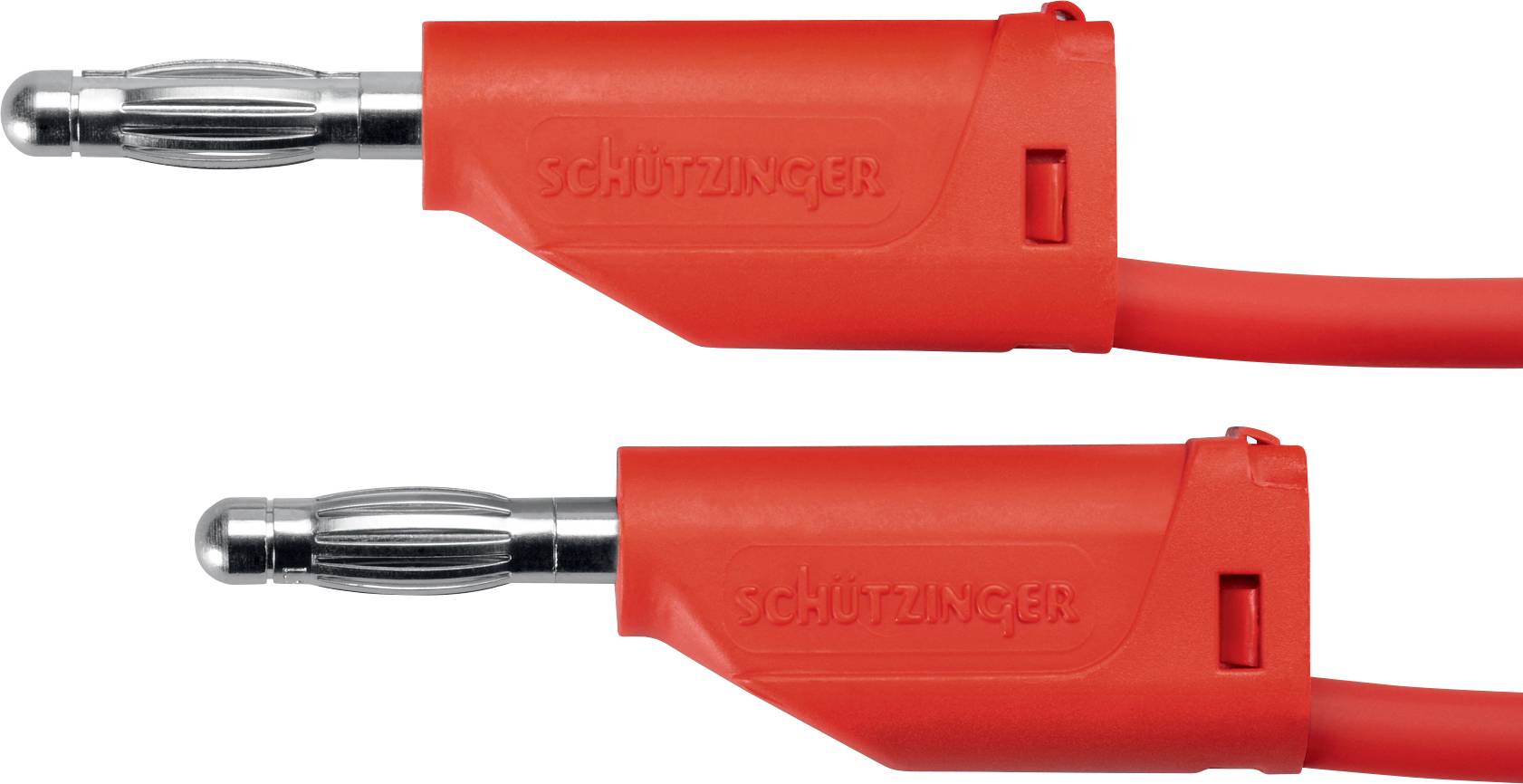 Zwei rote Bananenstecker mit Isolierung, die parallel zueinander liegen. Auf den Steckern steht 'Schützinger'.