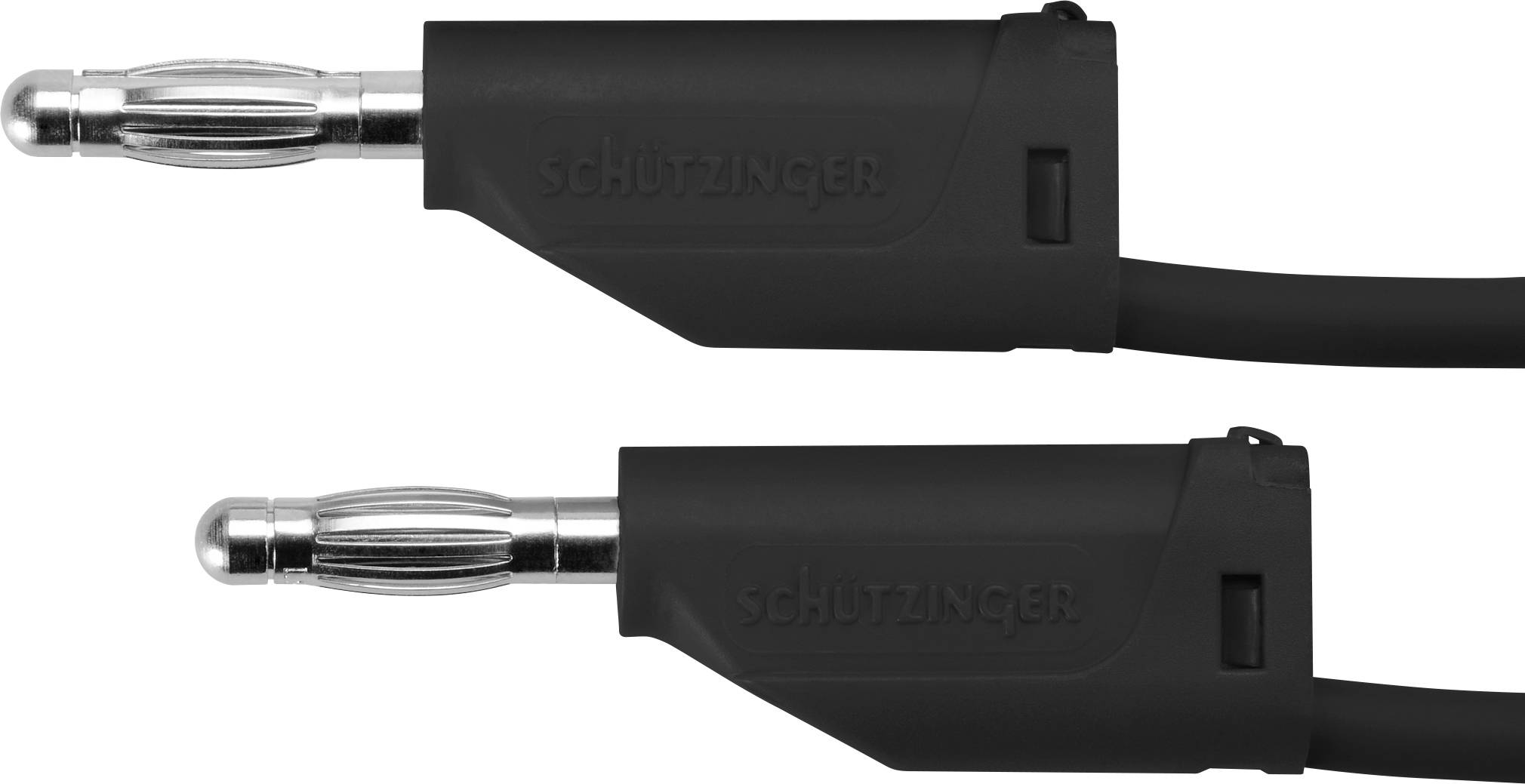 Zwei schwarze Audiokabel mit silbernen Steckern von SchutZinger. Sie sind symmetrisch angeordnet und dienen zum Anschluss von Audiogeräten.