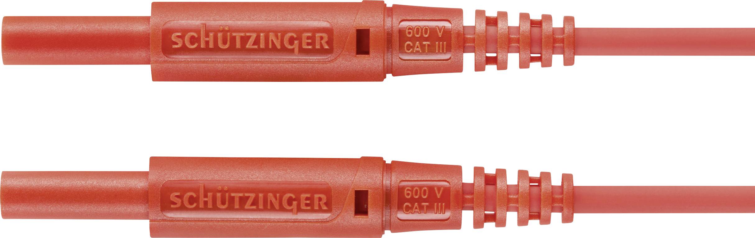 Zwei rote Schutzkontaktstecker der Marke Schützinger. Beide sind mit '600 V CAT III' gekennzeichnet und verfügen über eine Schutzummantelung.