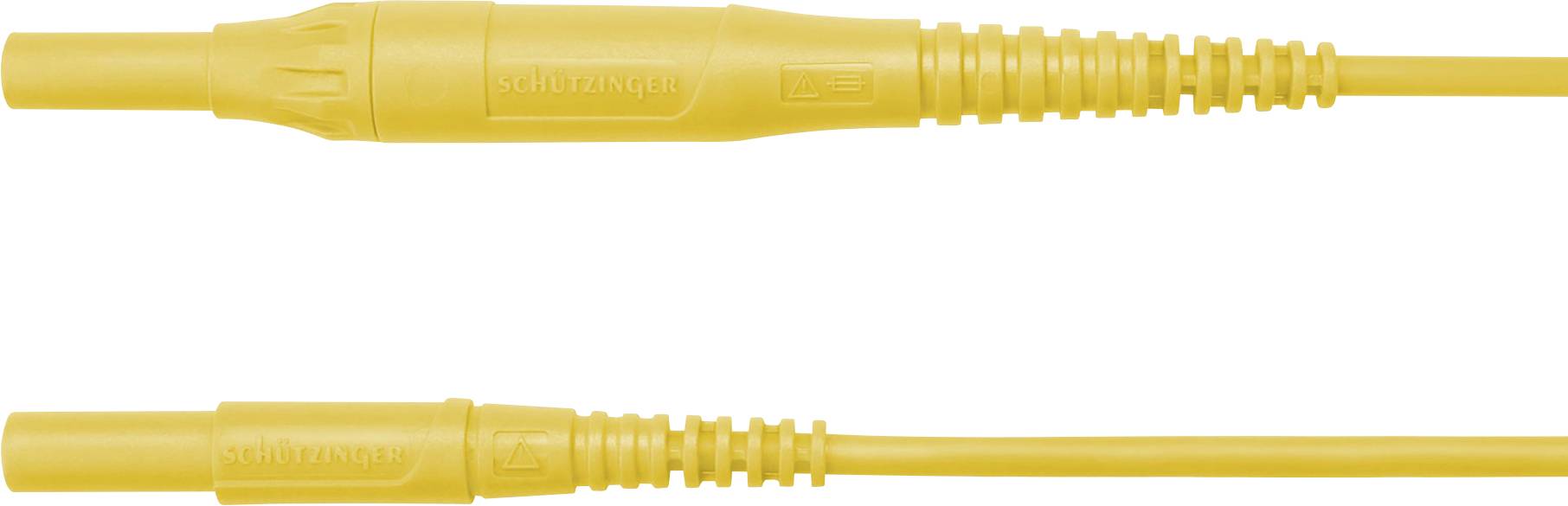Zwei gelbe Steckverbinder mit geriffelter Oberfläche und Aufschrift 'Schiller AG', geeignet für medizinische Geräte.