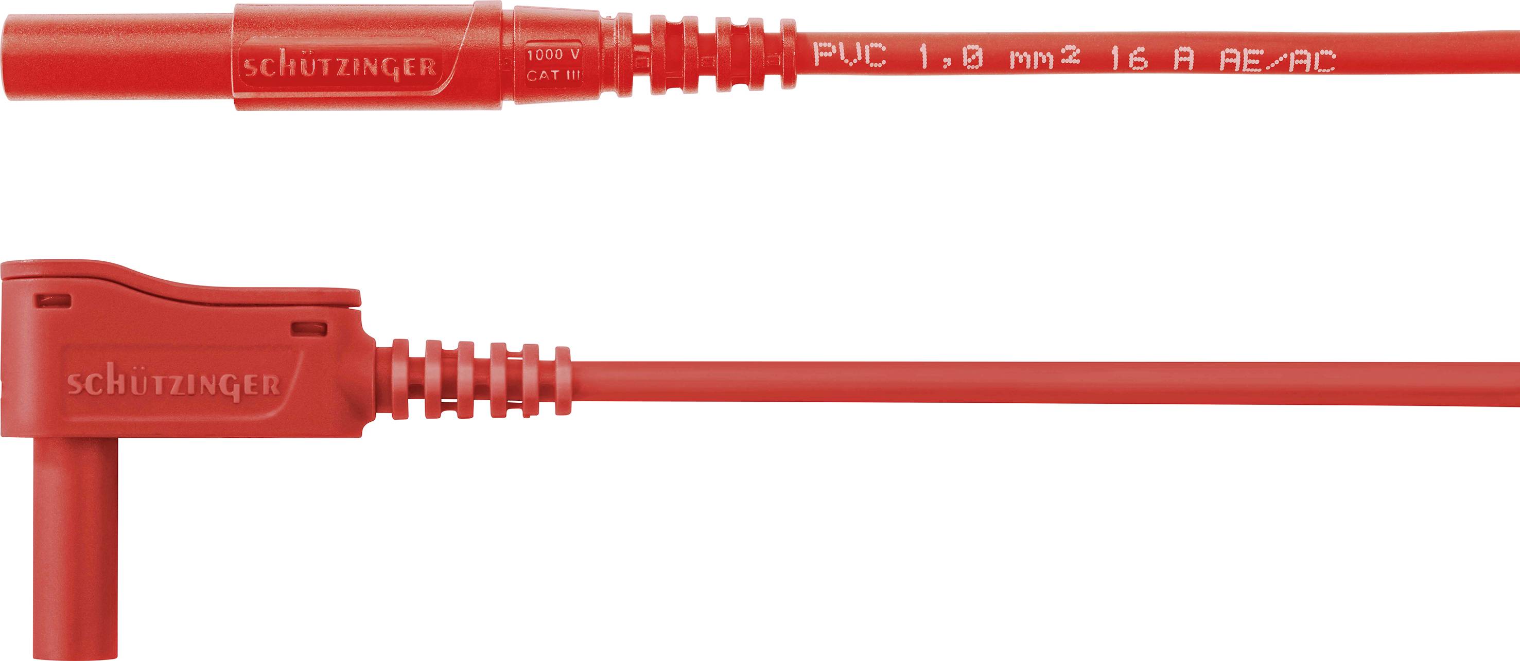 Rotes Prüfleitungskabel mit Isolierung, Aufdruck 'PVC, 1,0 mm², 16 A' und Markenname 'Schützinger'.