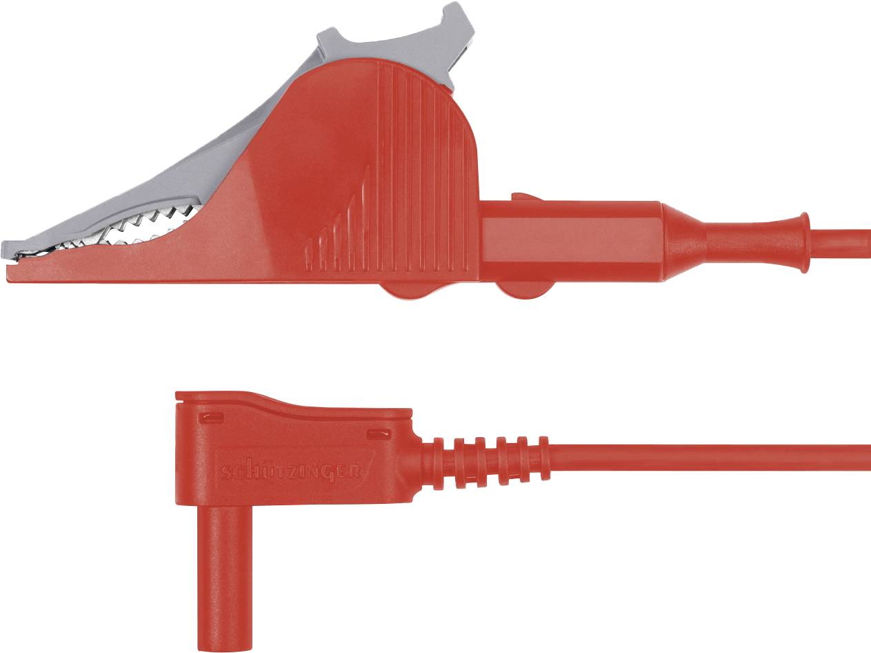Rote Krokodilklemme mit Isolierung und abgewinkeltem Anschlusskabel.