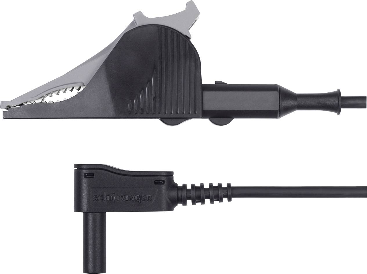 Diese Abbildung zeigt einen schwarzen Krokodilklemmenstecker mit einem abgewinkelten Kabelanschluss, geeignet für elektronische Anwendungen.