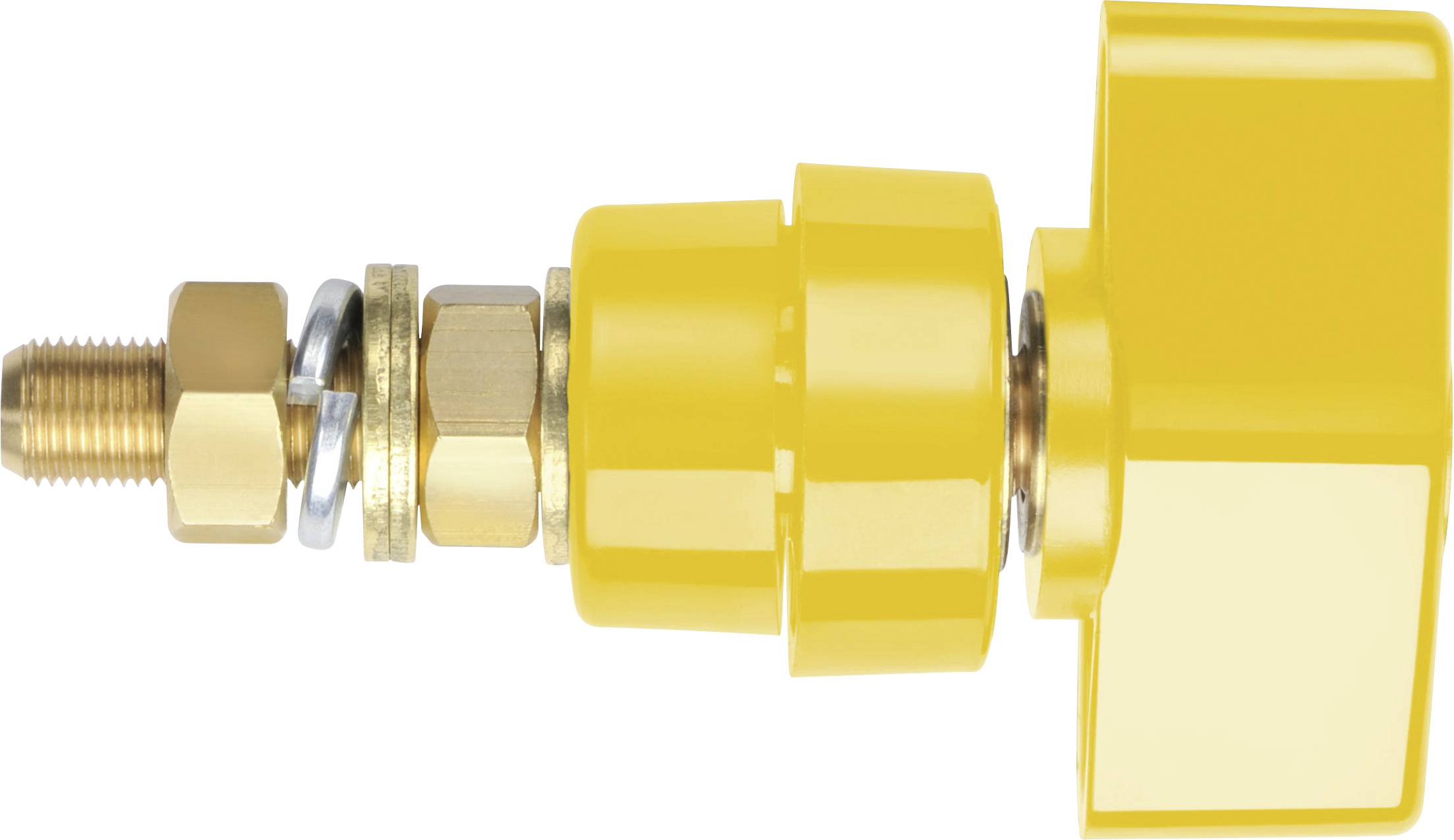 Gelbes, mechanisches Bauteil mit mehreren Verschraubungen und einem sechseckigen Drehgriff, möglicherweise ein Ventil.