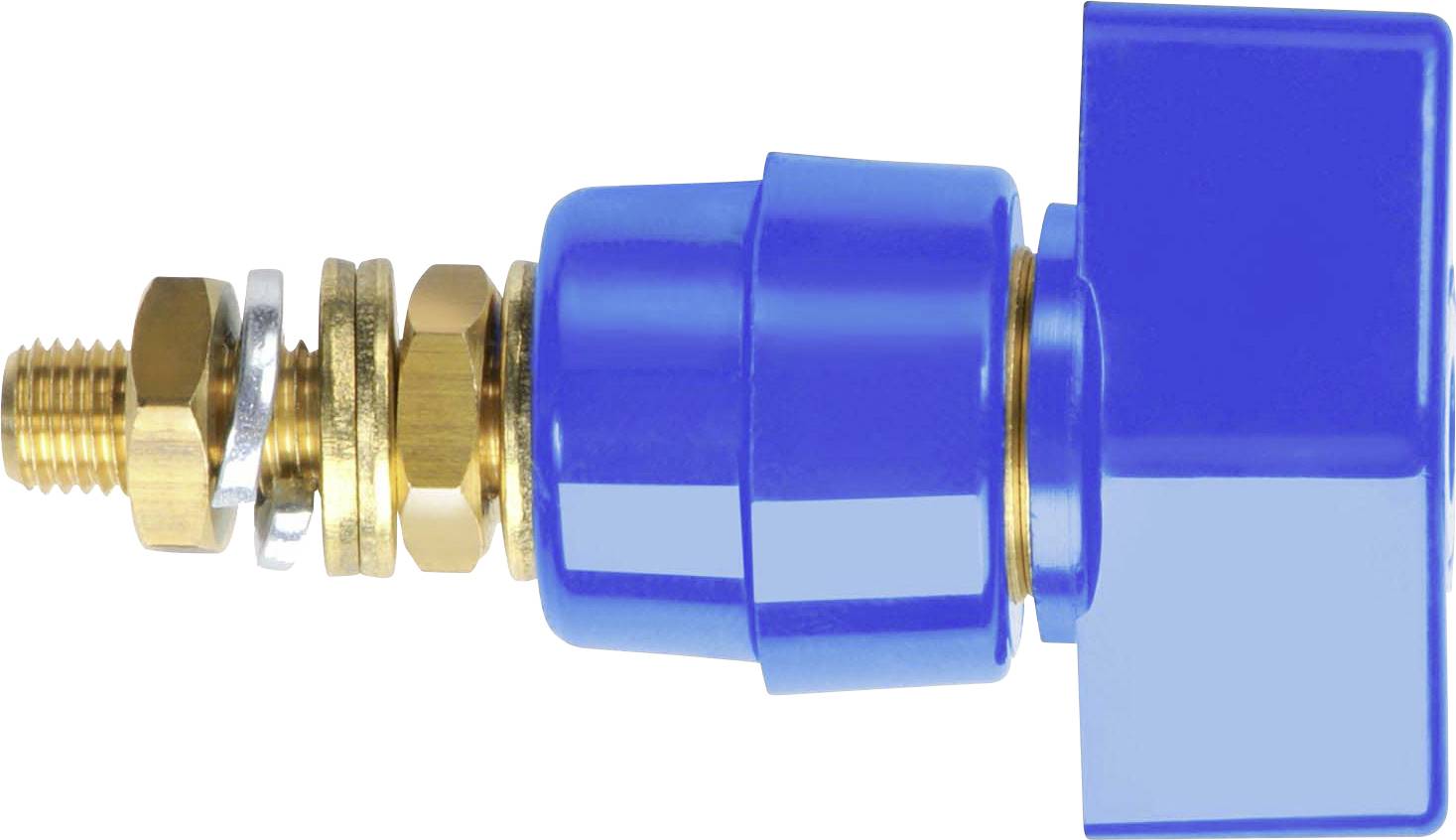 Blauer Kükenabsperrventil mit Messingverschraubungen, in Seitenansicht. Verwendet für Flüssigkeitsdurchflussregelung in Rohrsystemen.