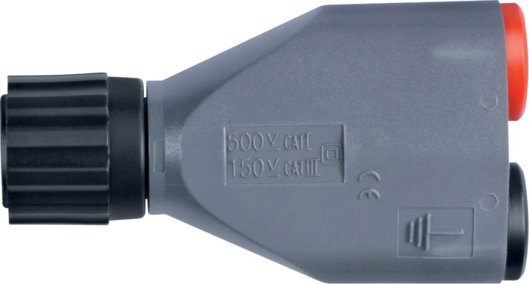 Elektrischer Steckverbinder mit Aufschrift '500V CAT II 150V CAT III'. Funktionsteil: Spannungsadapter mit Schutzfunktion.