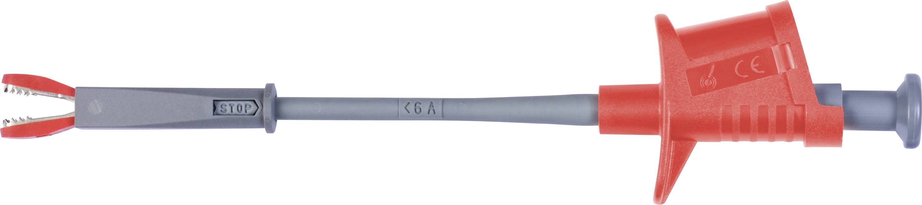Ein roter und grauer Werkzeuggriff mit einer Zange am Ende. Der Griff ist mit dem Wort 'STOP' gekennzeichnet.
