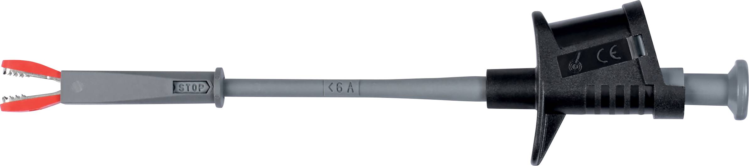 Grauer Testadapter mit rotem Greifer und schwarzer Isolierung, geeignet für elektrische Messungen. Darauf sind Prüfsymbole sichtbar.