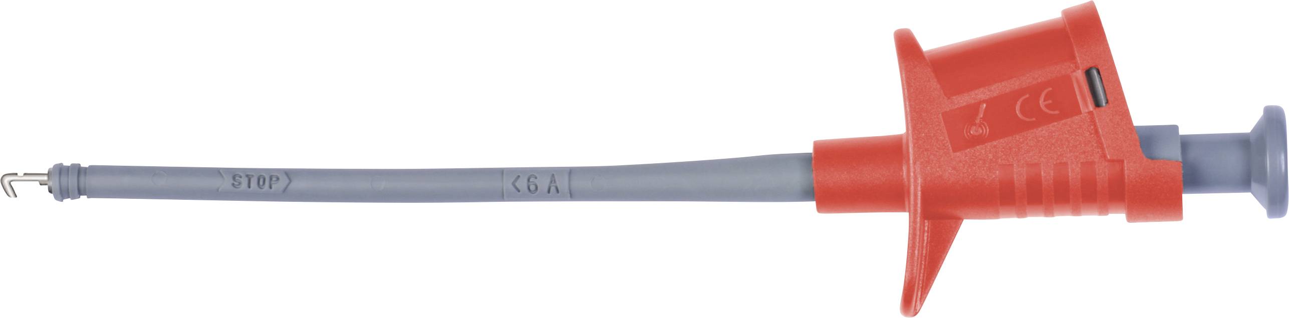 Grauer und roter elektrischer Prüfstecker mit isolierter Spitze und seitlicher Halterung, verwendet für sichere elektrische Messungen.