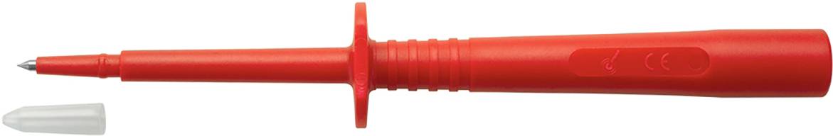 Ein rotes Spannungsprüfgerät mit abgenommener Schutzkappe, geeignet für elektrische Tests.