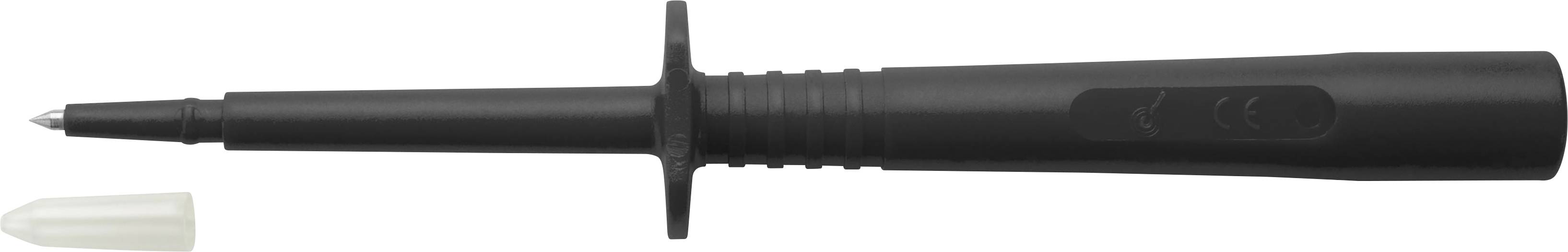 Ein schwarzer Prüfspitzenschraubendreher mit abnehmbarem Schutzkappenaufsatz. Geeignet für sicherheitsrelevante elektrische Arbeiten.