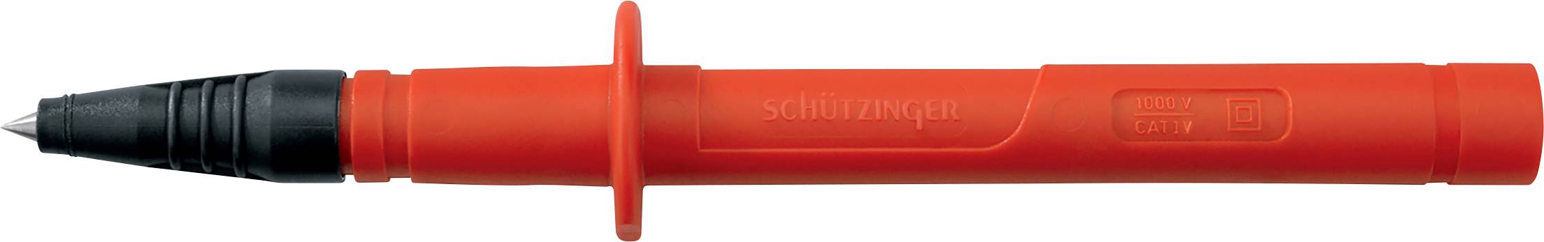Ein roter Prüfspitzenhalter mit schwarzer Spitze, Schutzkragen in der Mitte, und Isolationszertifizierung. Geeignet für Messgeräte.
