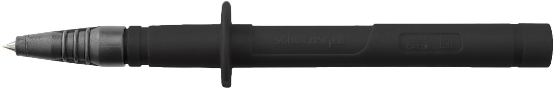 Ein schwarzer Kugelschreiber mit abnehmbarer Kappe, zylinderförmig, liegt horizontal.