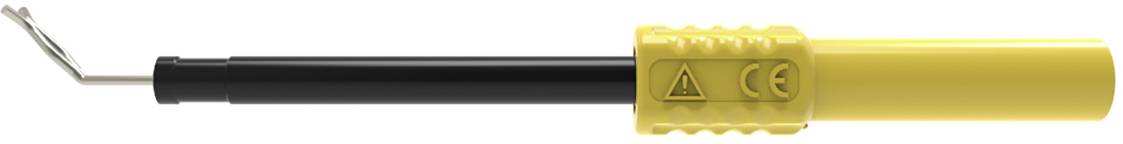 Gelb-schwarzes elektrisches Gerät mit einem Haken vorne und Griff an einem Ende. Sicherheits- und CE-Zeichen sind sichtbar.
