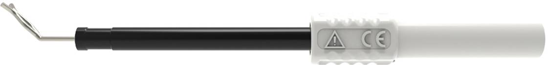 Ein schwarzes und weißes medizinisches Gerät mit einer langen, dünnen Spitze. Auf dem Griff sind Warnsymbole abgebildet.