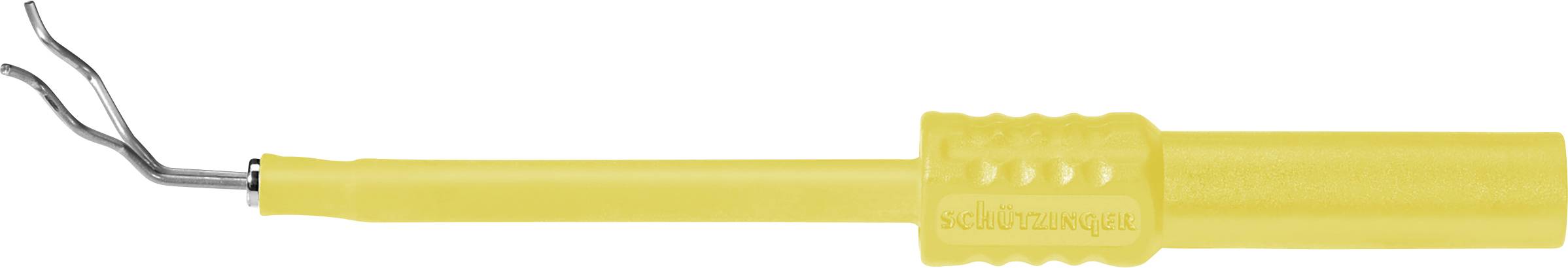 Ein gelbes Dentalwerkzeug mit einem gebogenen Metallhaken am Ende, vermutlich für zahnmedizinische Behandlungen verwendet.