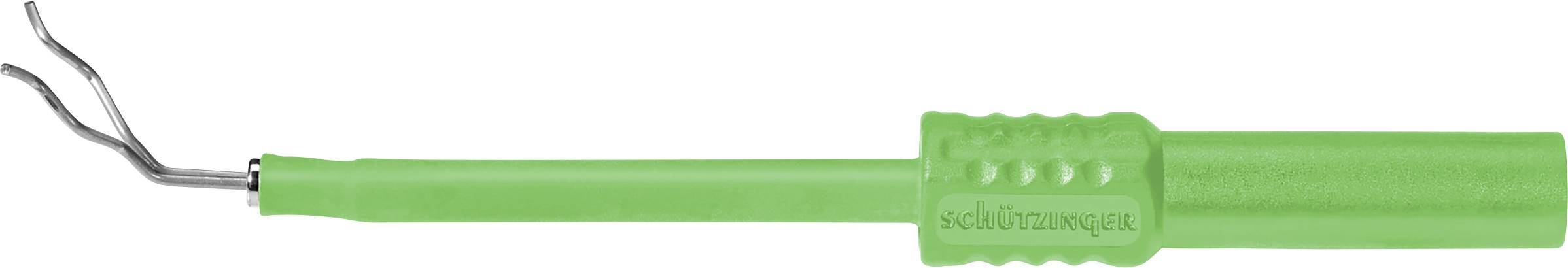 Grüner Kunststoffgriff mit gebogener Metallspitze, verwendet als Spezialwerkzeug für technische Anwendungen.