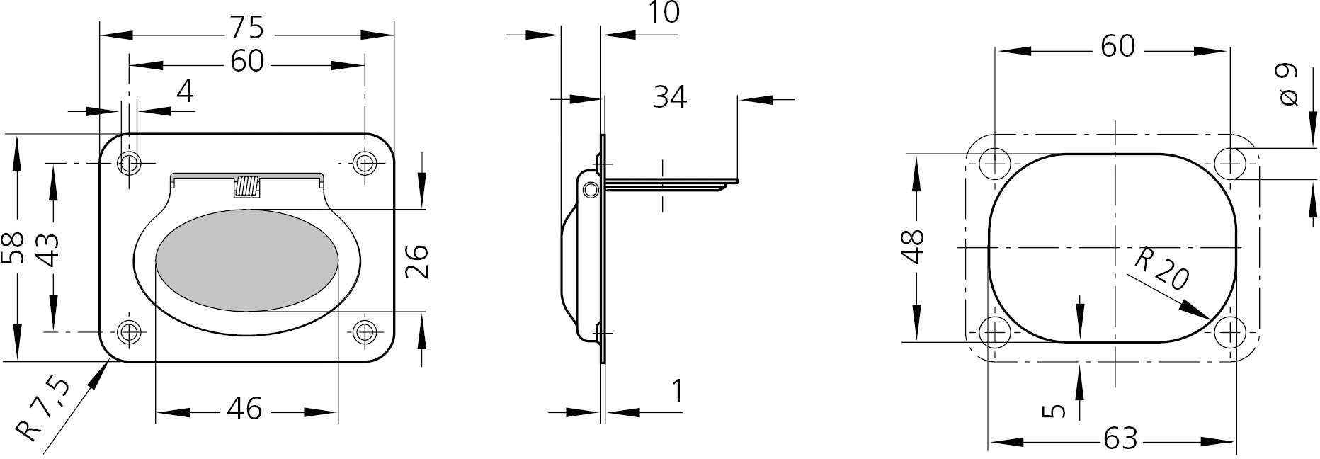 Rohde EE-01.R075.39 Klappgriff Edelstahl (L x B x H) 75 x 58 x 10mm 3St.