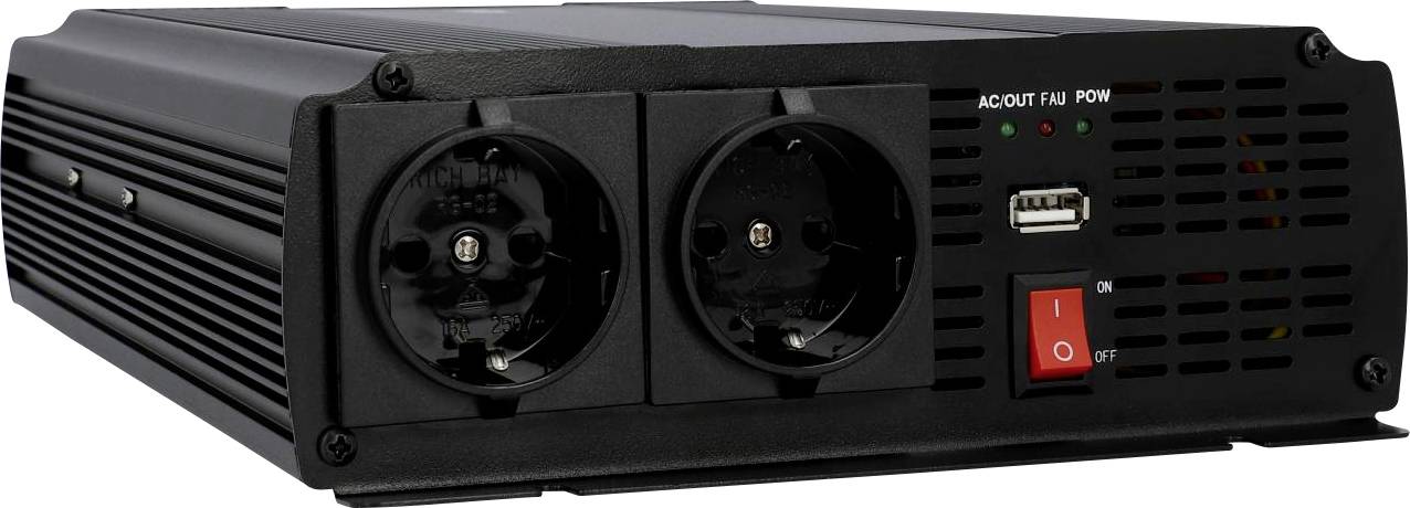 Spannungswandler mit zwei Steckdosen, USB-Anschluss und Schalter. Eignet sich zur Umwandlung von Gleichstrom in Wechselstrom.