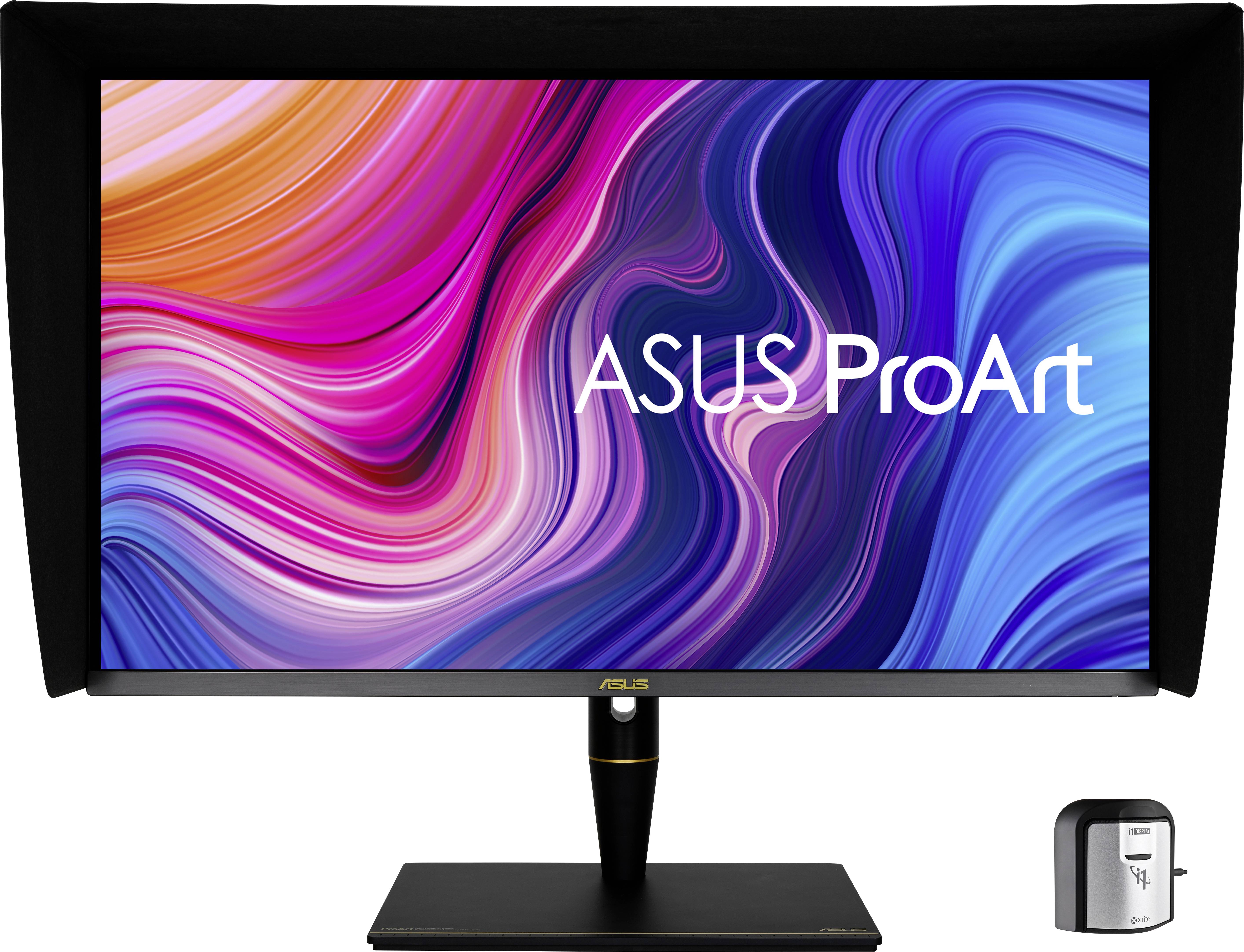 Ein schwarzer ASUS ProArt Monitor mit leuchtenden, farbenfrohen Wirbelmustern auf dem Bildschirm und einem Kalibrierungsgerät daneben.