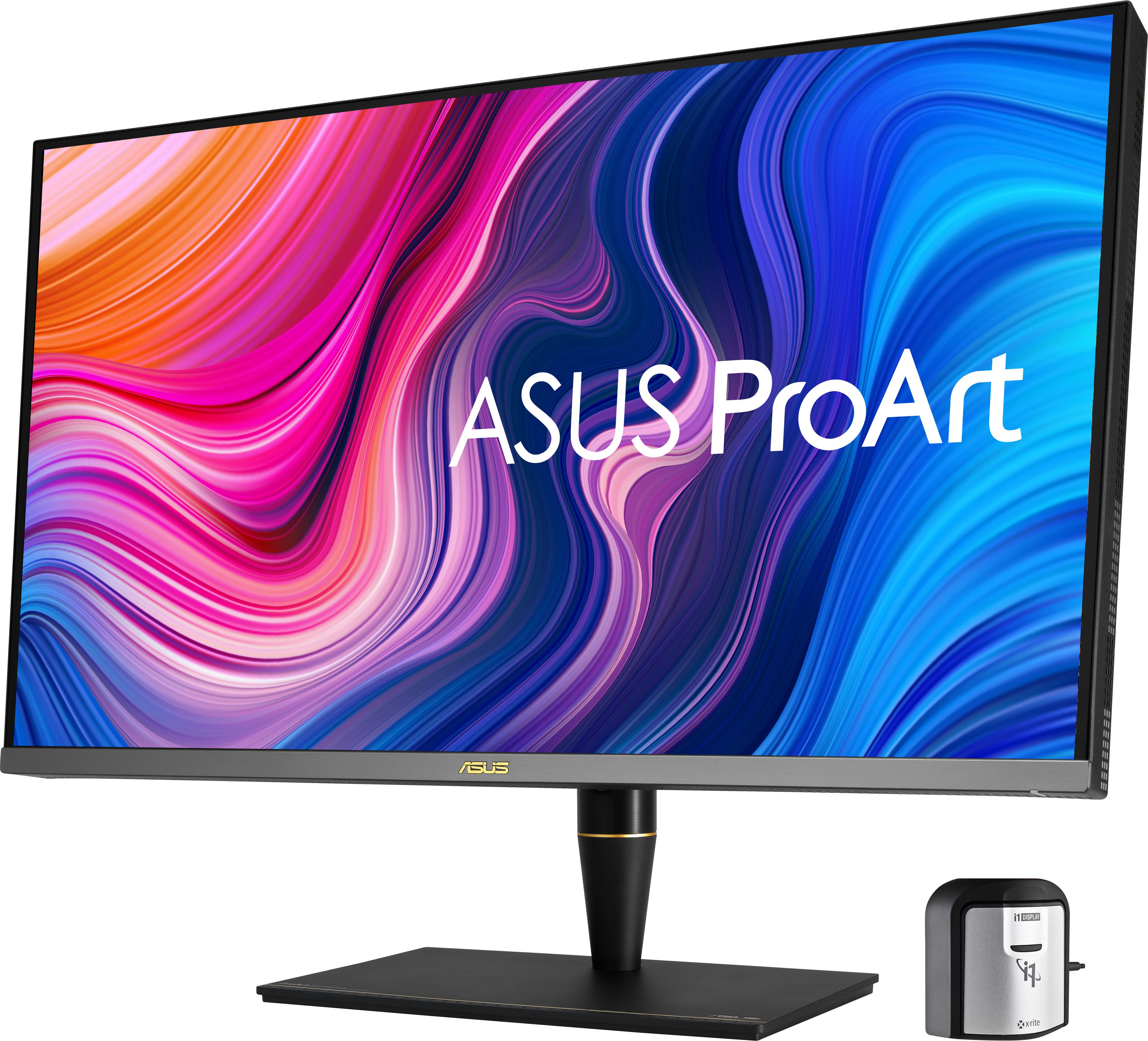 Monitor mit farbenfrohem Bildschirmdesign, ASUS ProArt-Logo. Schwarz mit goldenen Details. Kleines Gerät rechts daneben.