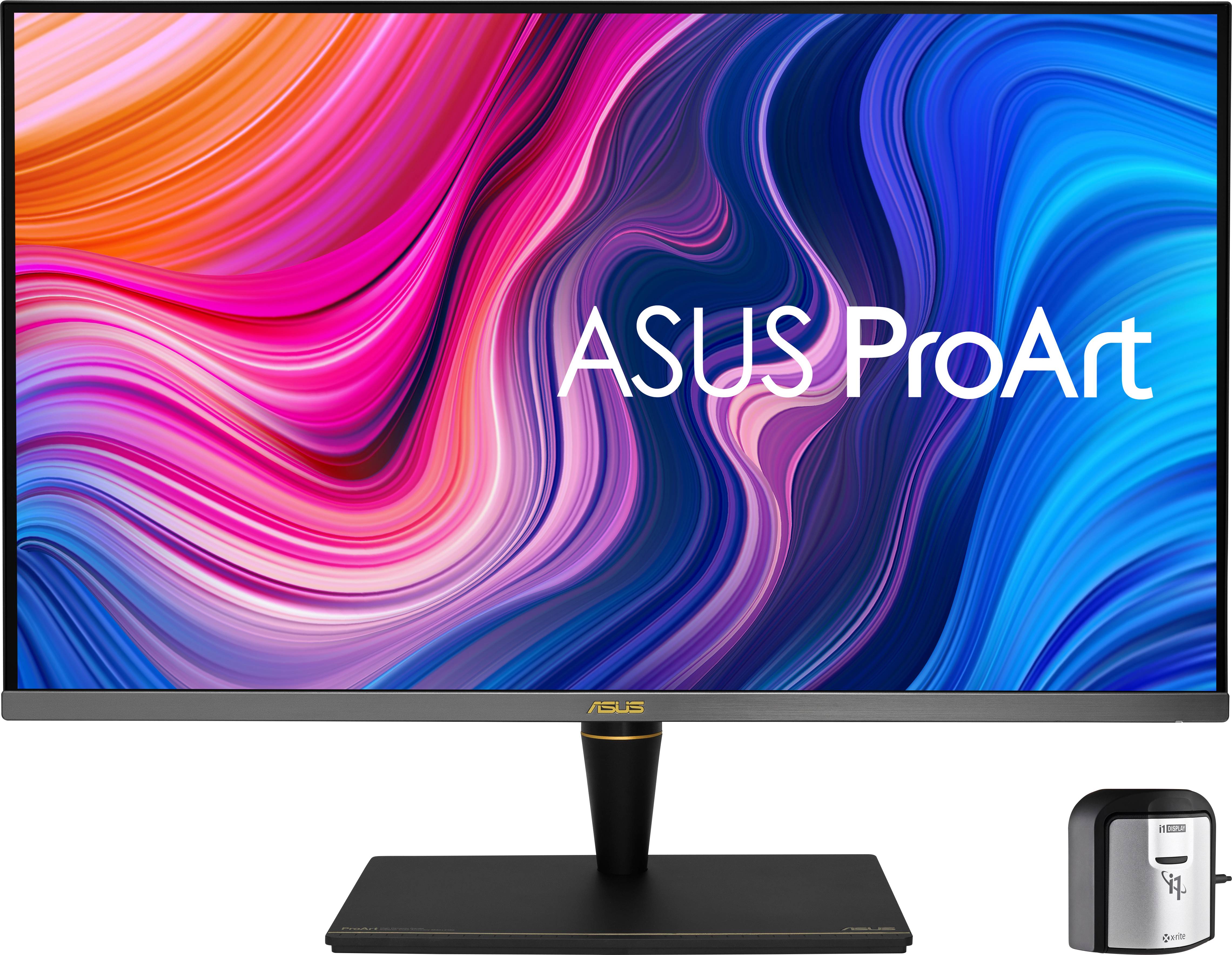 Ein ASUS ProArt Monitor mit einem farbenfrohen, abstrakten Hintergrund. Rechts unten steht ein kleiner, grauer Kalibrator.