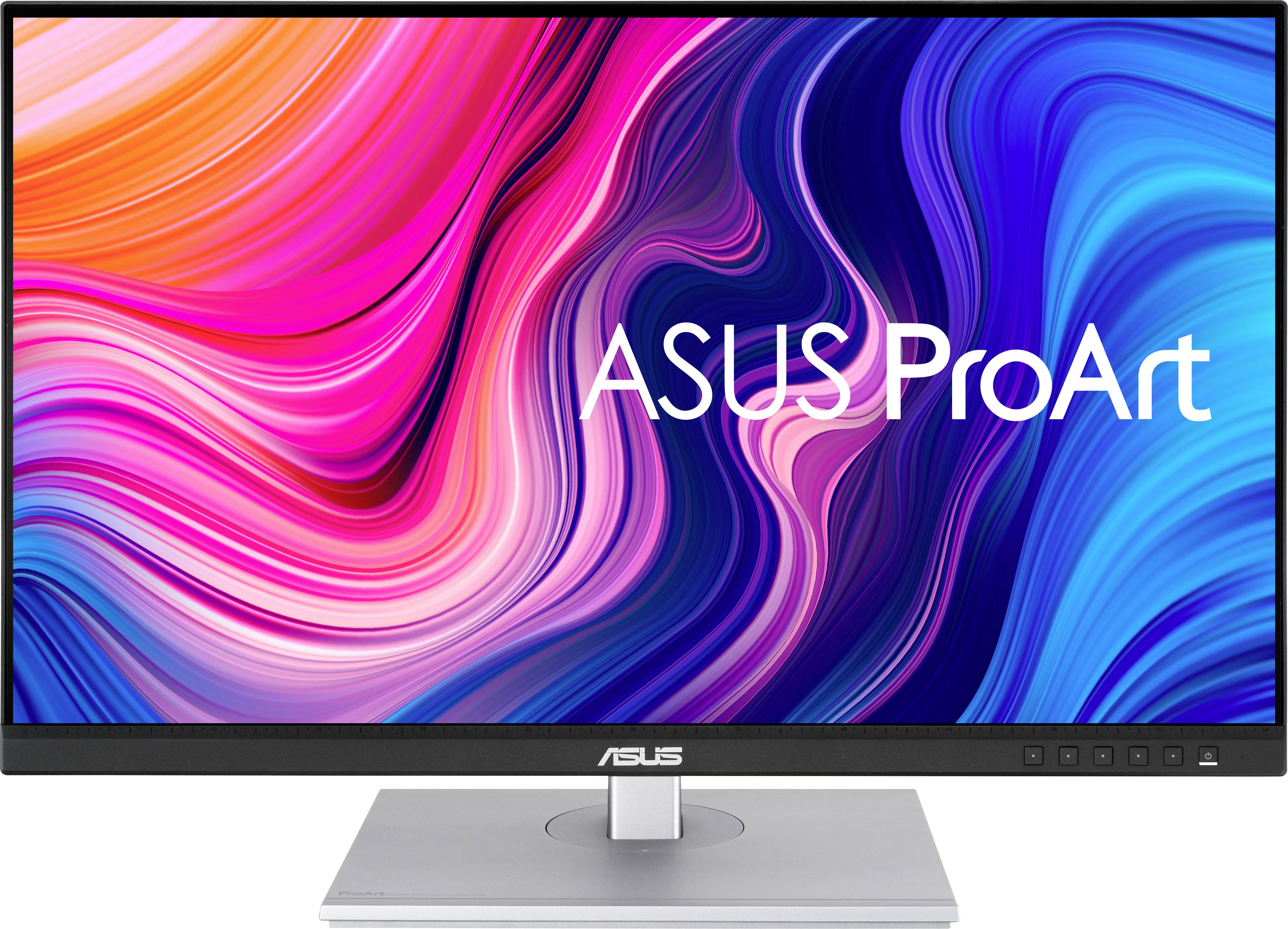 Ein ASUS ProArt-Monitor mit lebhaften, bunten Wellenmustern auf dem Bildschirm, ideal für kreative digitale Arbeiten.
