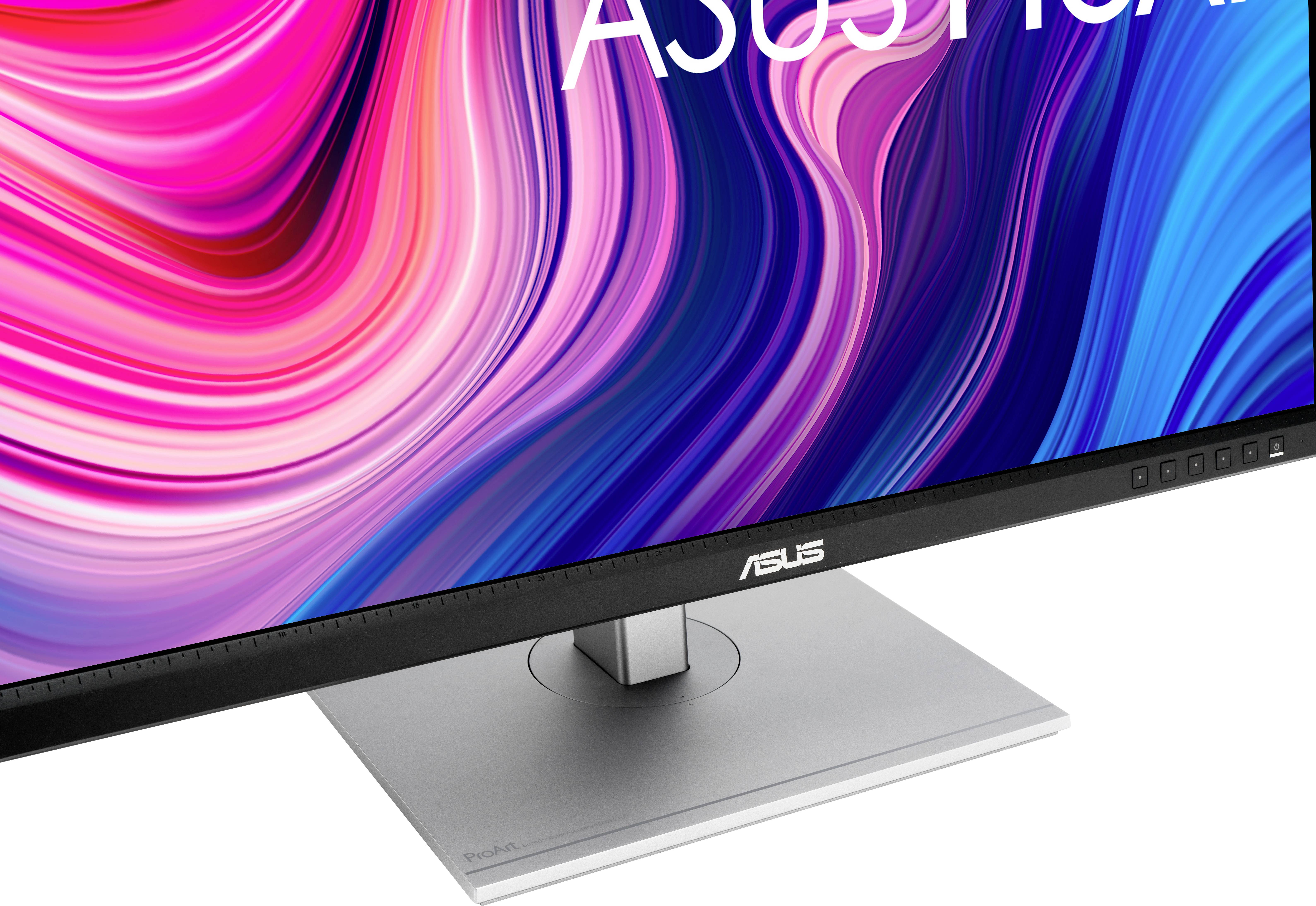 Asus-Monitor mit farbenfrohem, abstraktem Hintergrundbild.