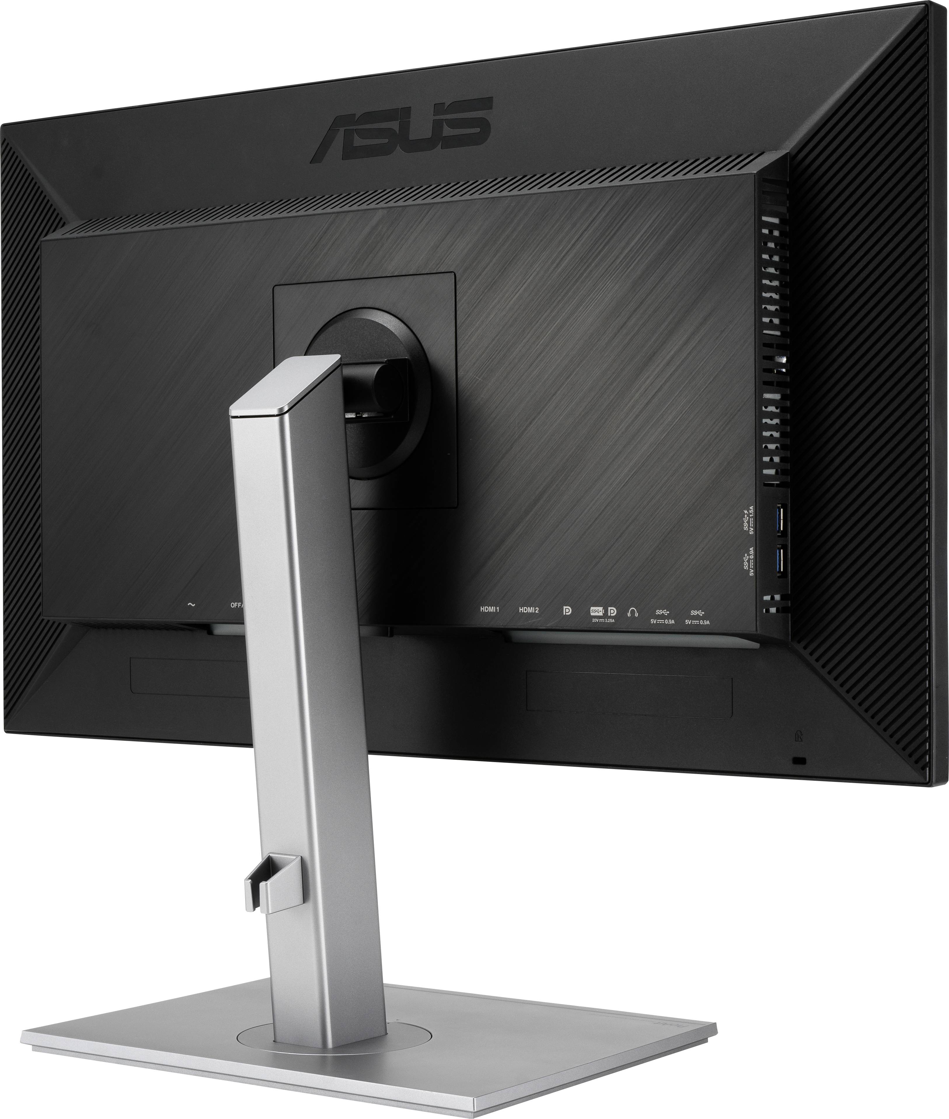 Ein Monitor von hinten, auf einem silbernen Standfuß montiert. Oben ist das Markenlogo zu sehen.