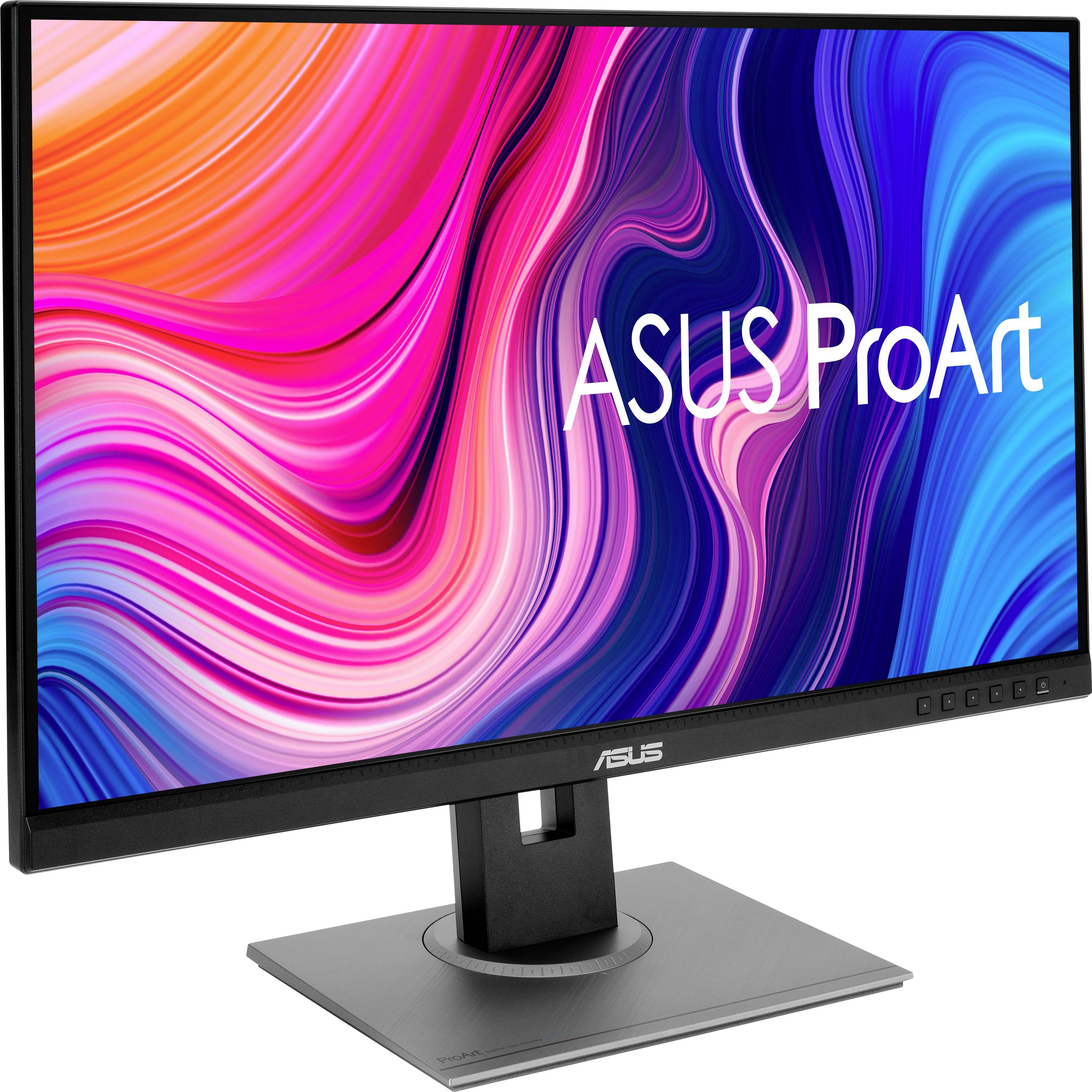 Ein ASUS ProArt Monitor mit einem farbigen, abstrakten Hintergrund wird von der Seite gezeigt.