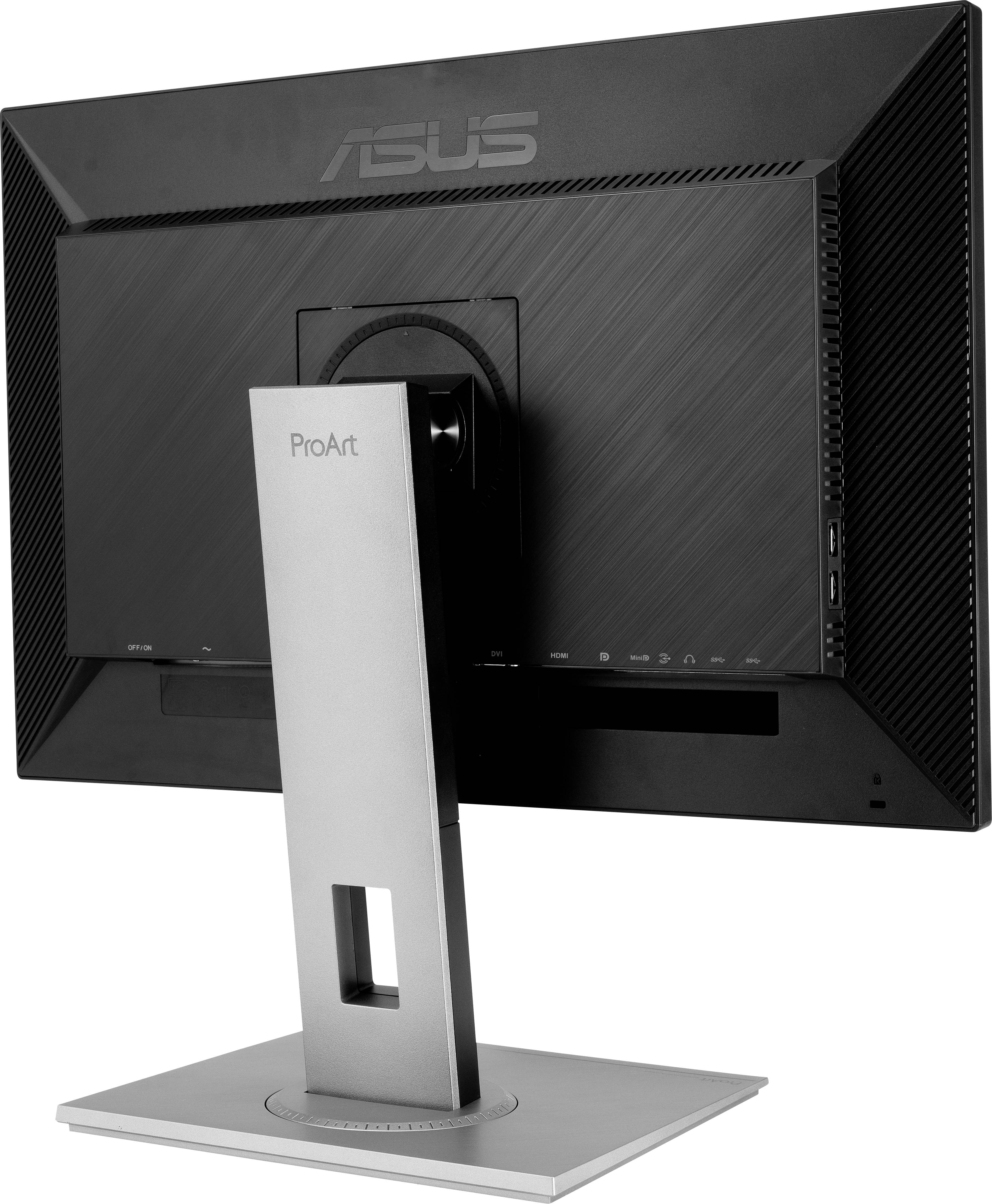 Ein computer Bildschirm von der Rückseite mit dem Markenlogo oben, darunter ein verstellbarer Standfuß mit 'ProArt' Aufschrift.