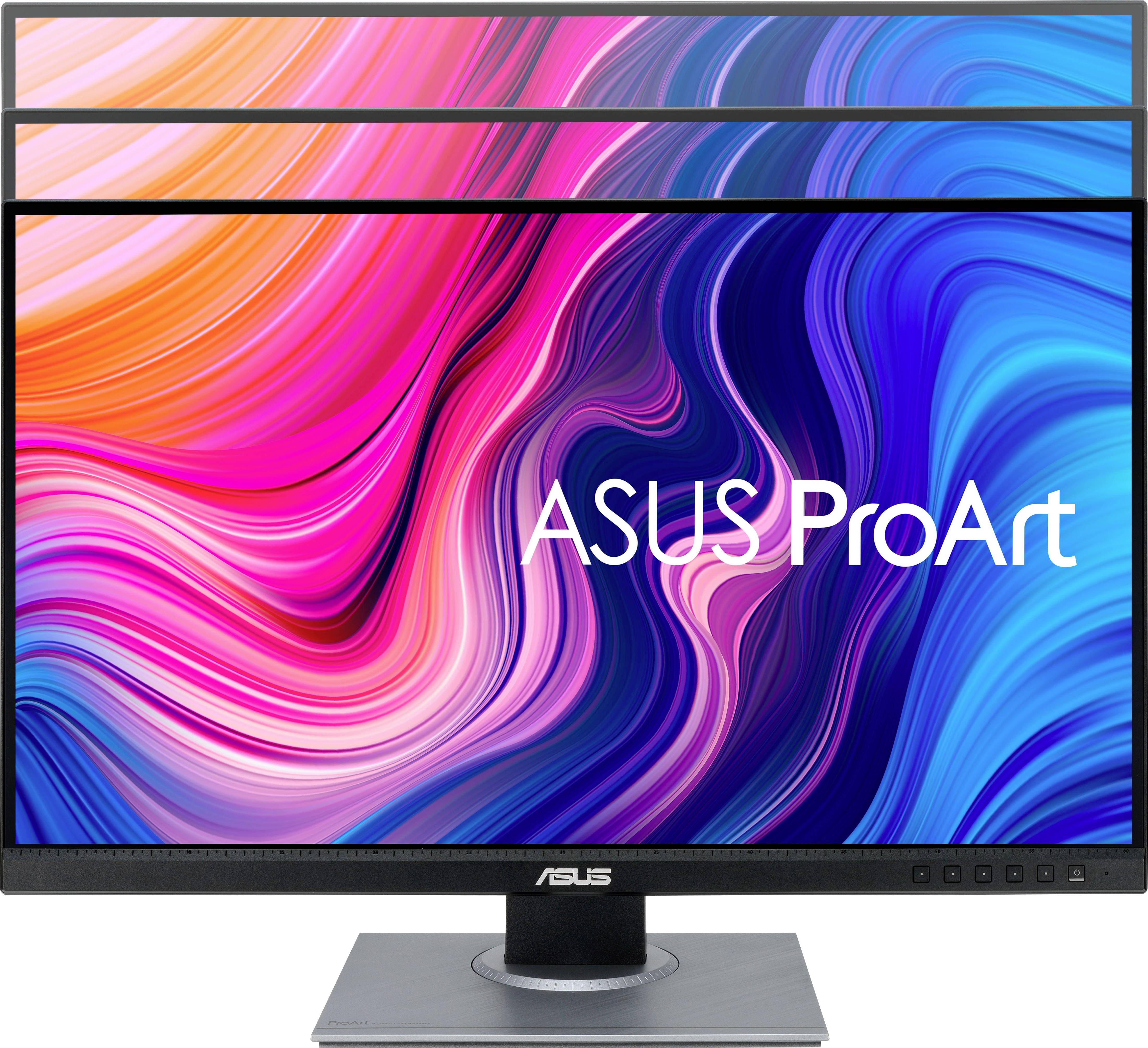 Ein ASUS ProArt Monitor zeigt ein farbenfrohes, abstraktes Kunstdesign mit geschwungenen Linien in verschiedenen Farbtönen.