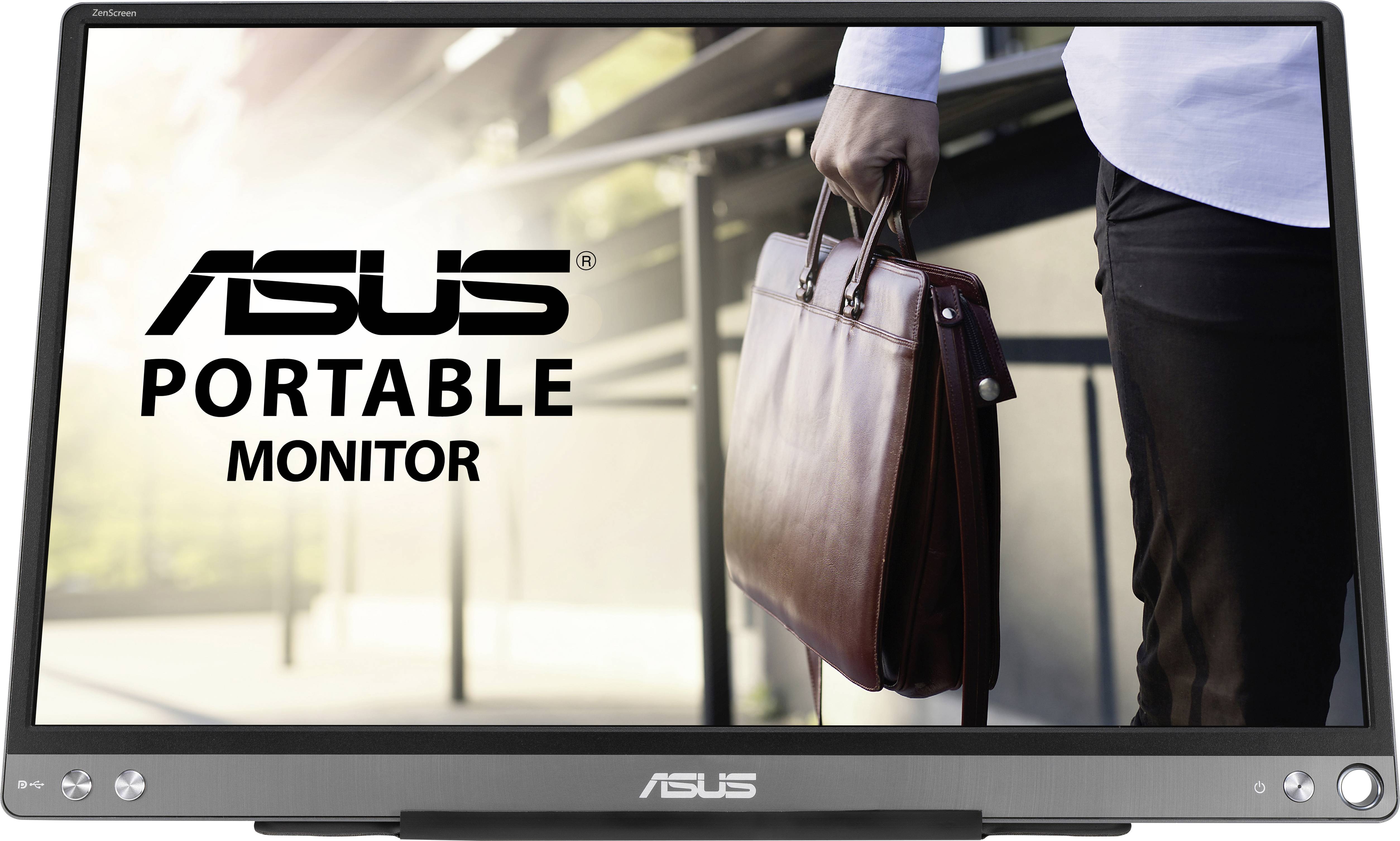 Ein tragbarer Monitor von ASUS wird auf einem Tisch gezeigt, daneben steht eine Person mit einer braunen Ledertasche in der Hand.