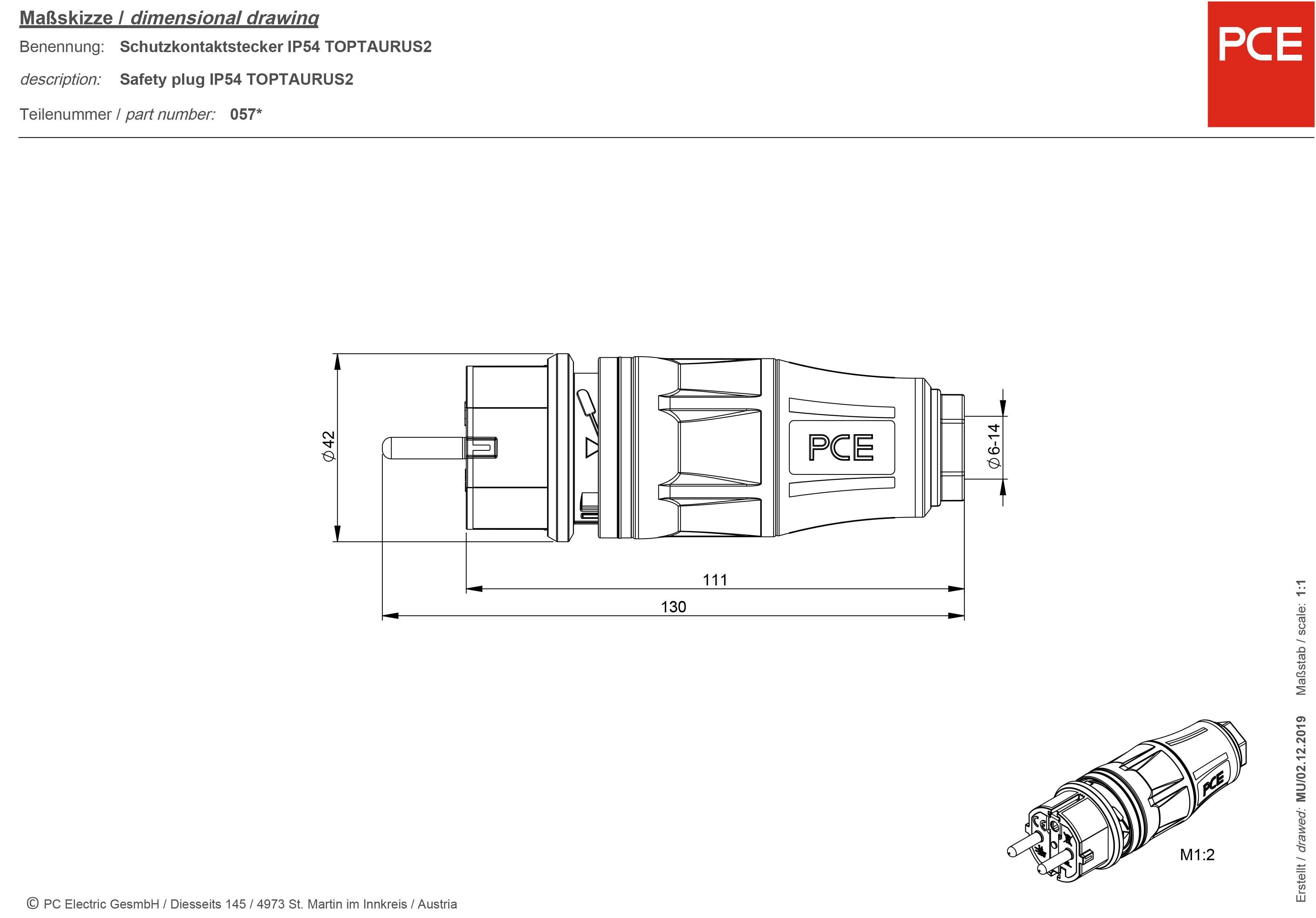 PCE 05721-sr Schutzkontaktstecker 250V Schwarz/Rot IP54