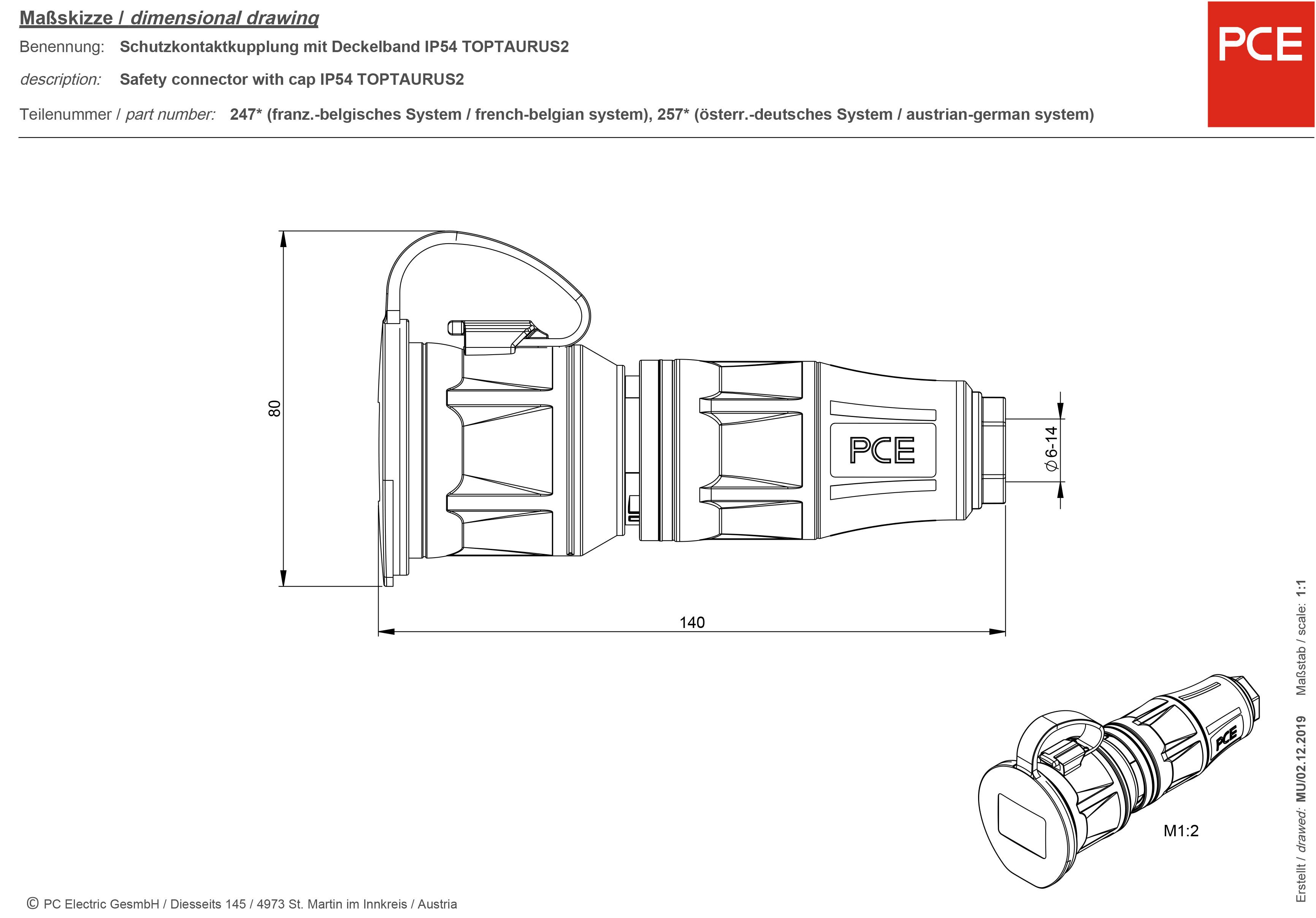 PCE 25711-sr Schutzkontaktkupplung 250V Schwarz/Rot IP54