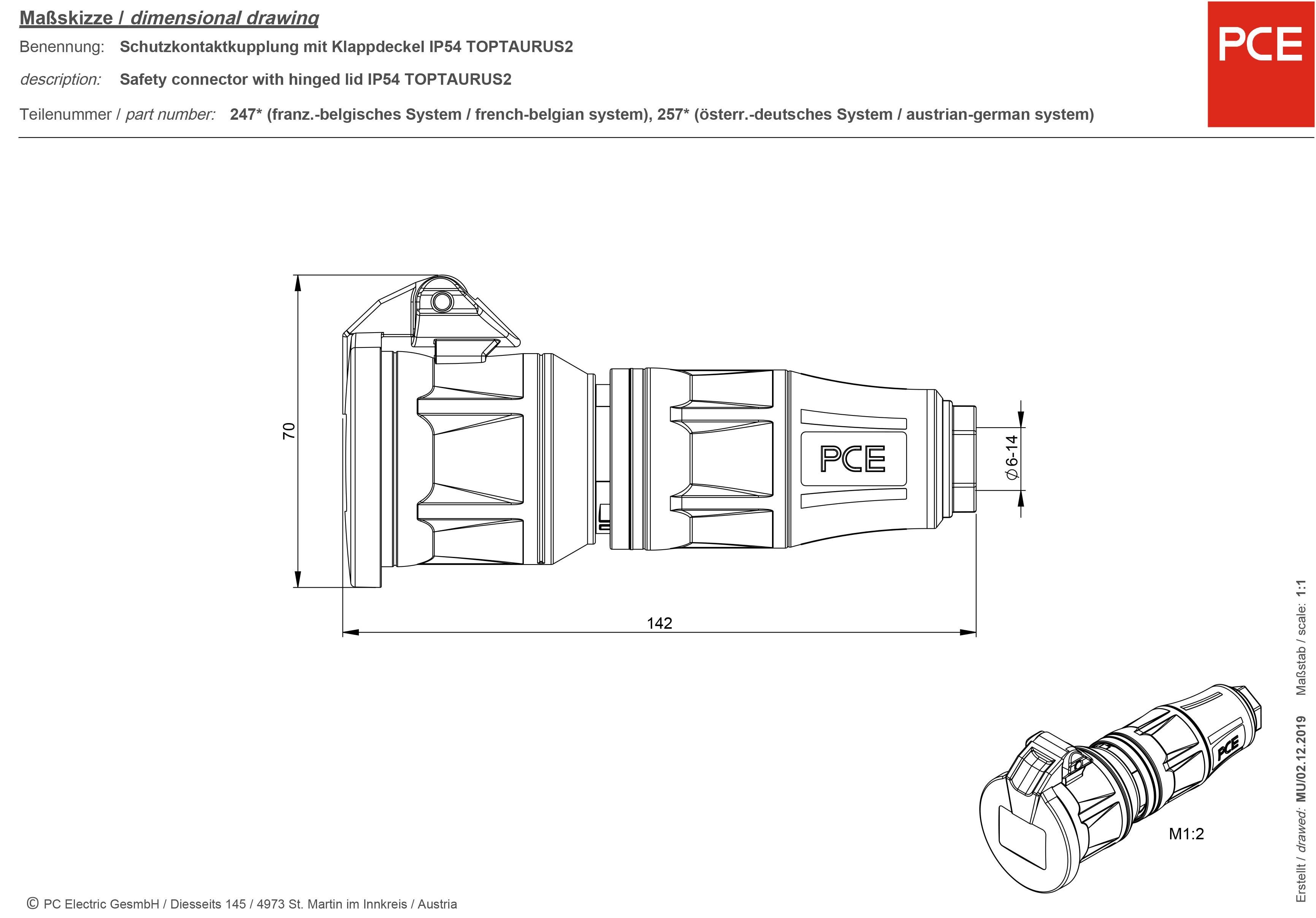 PCE 25712-sr Schutzkontaktkupplung 250 V Schwarz/Rot IP54
