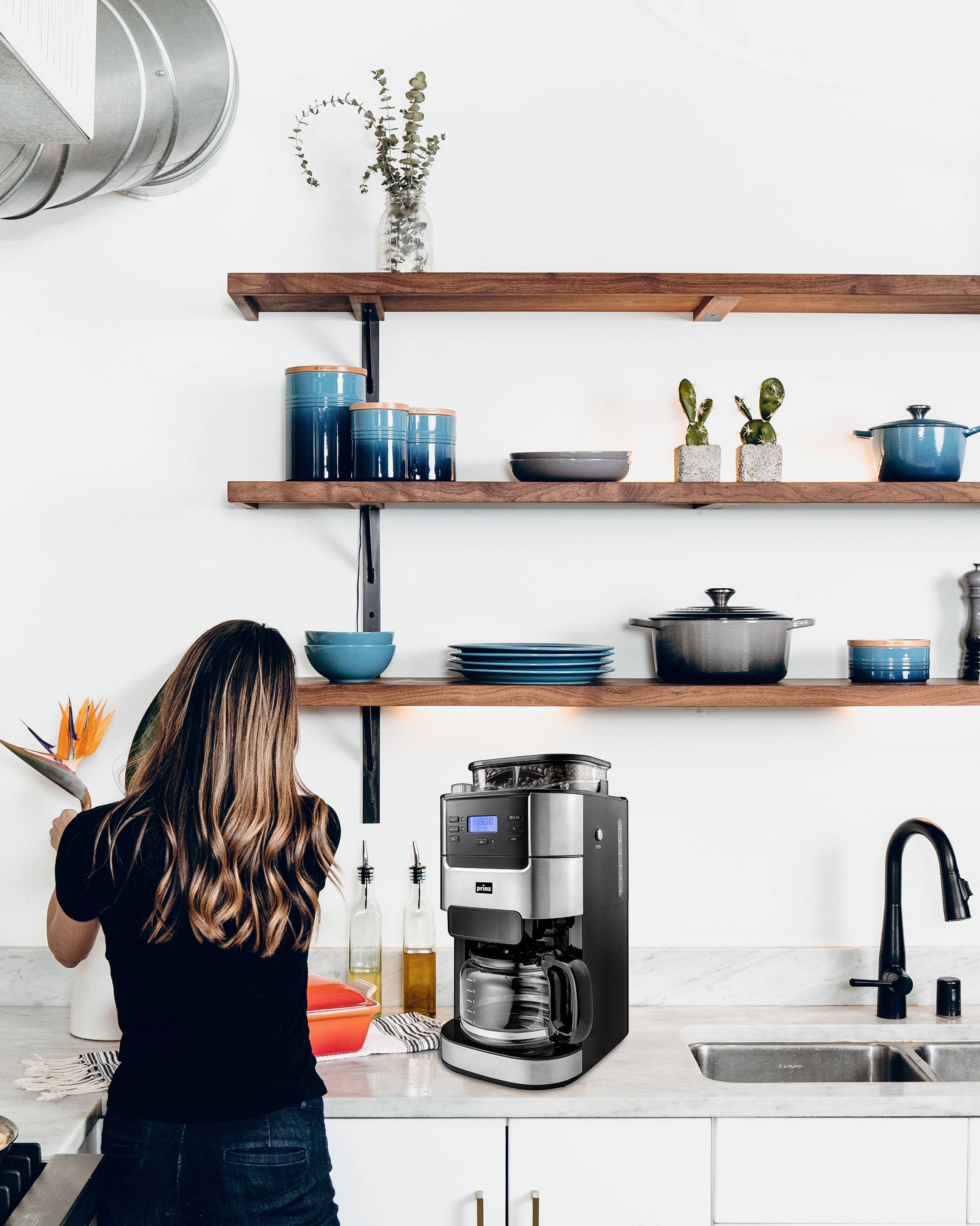 Prinz PZ-KMM1 Kaffeemaschine Edelstahl, Schwarz Fassungsvermögen Tassen=12 mit Mahlwerk, Timerfunktion, Warmhaltefunktion, Display