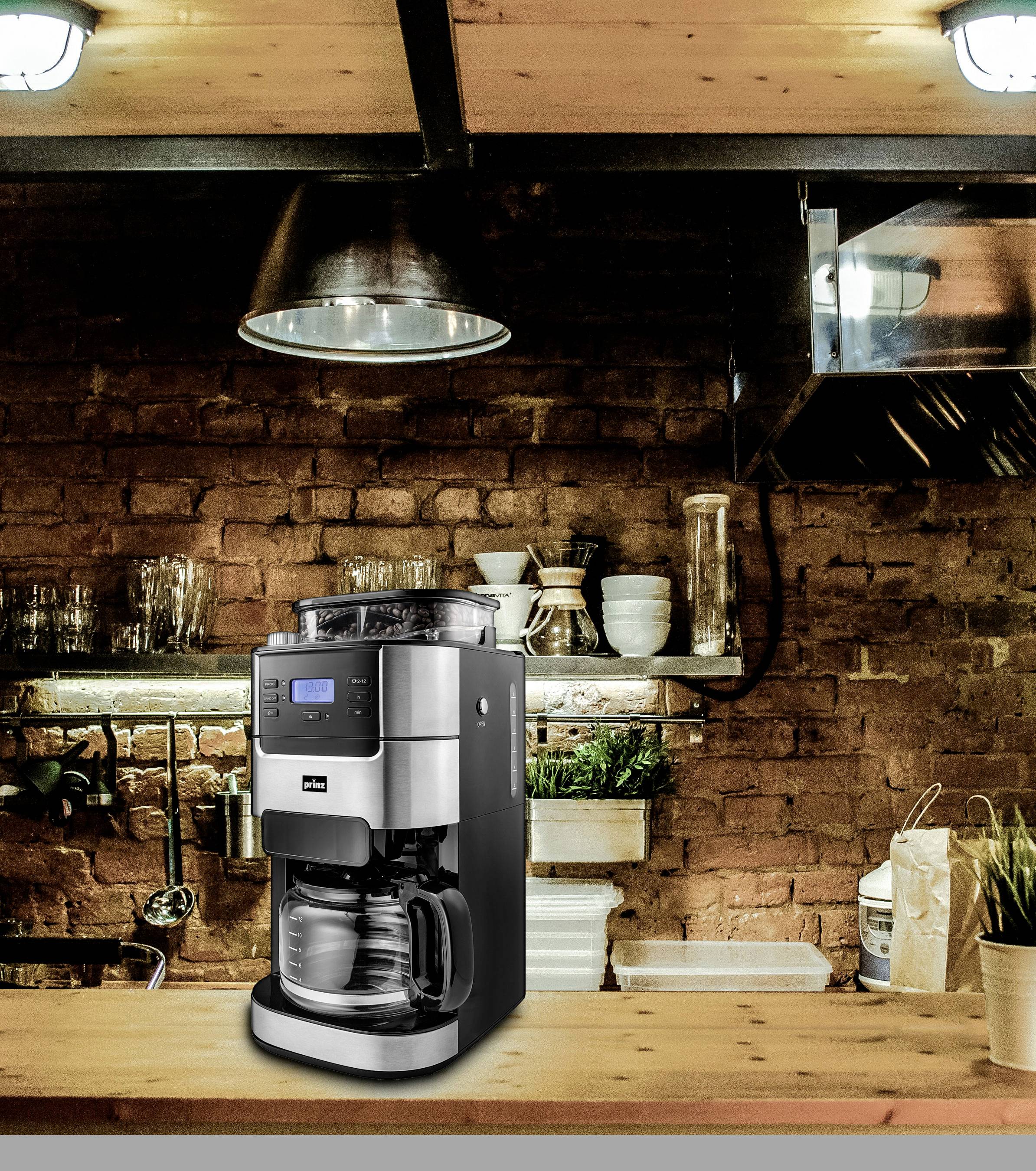 Prinz PZ-KMM1 Kaffeemaschine Edelstahl, Schwarz Fassungsvermögen Tassen=12 mit Mahlwerk, Timerfunktion, Warmhaltefunktion, Display