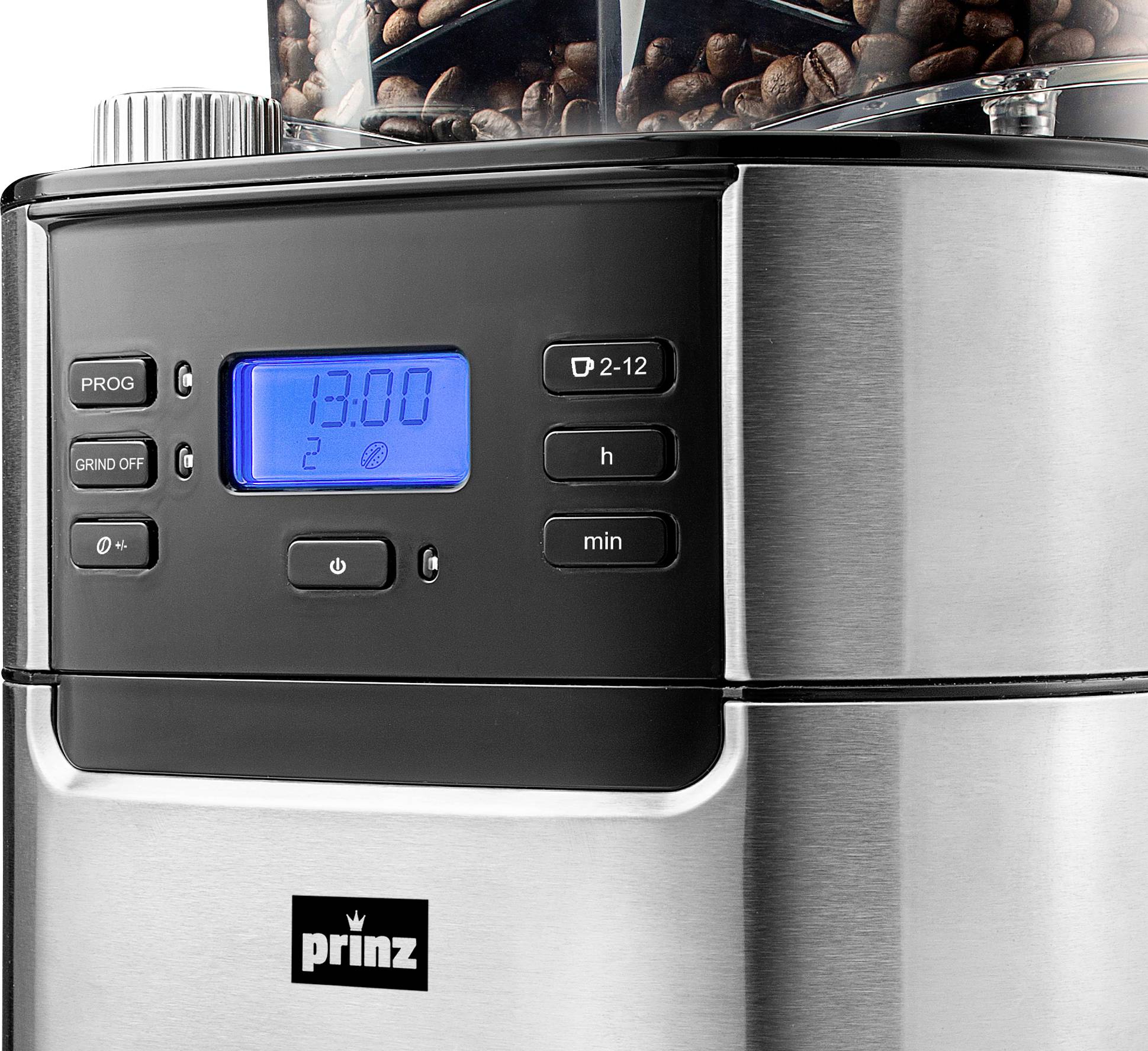 Prinz PZ-KMM1 Kaffeemaschine Edelstahl, Schwarz Fassungsvermögen Tassen=12 mit Mahlwerk, Timerfunktion, Warmhaltefunktion, Display
