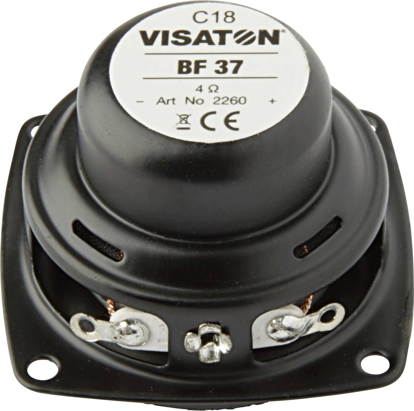 'Visaton BF 37' Lautsprecher in schwarzem Gehäuse, 4 Ohm Impedanz. Oberseite mit Herstellerlogo, Modellnummer und technischen Symbolen.