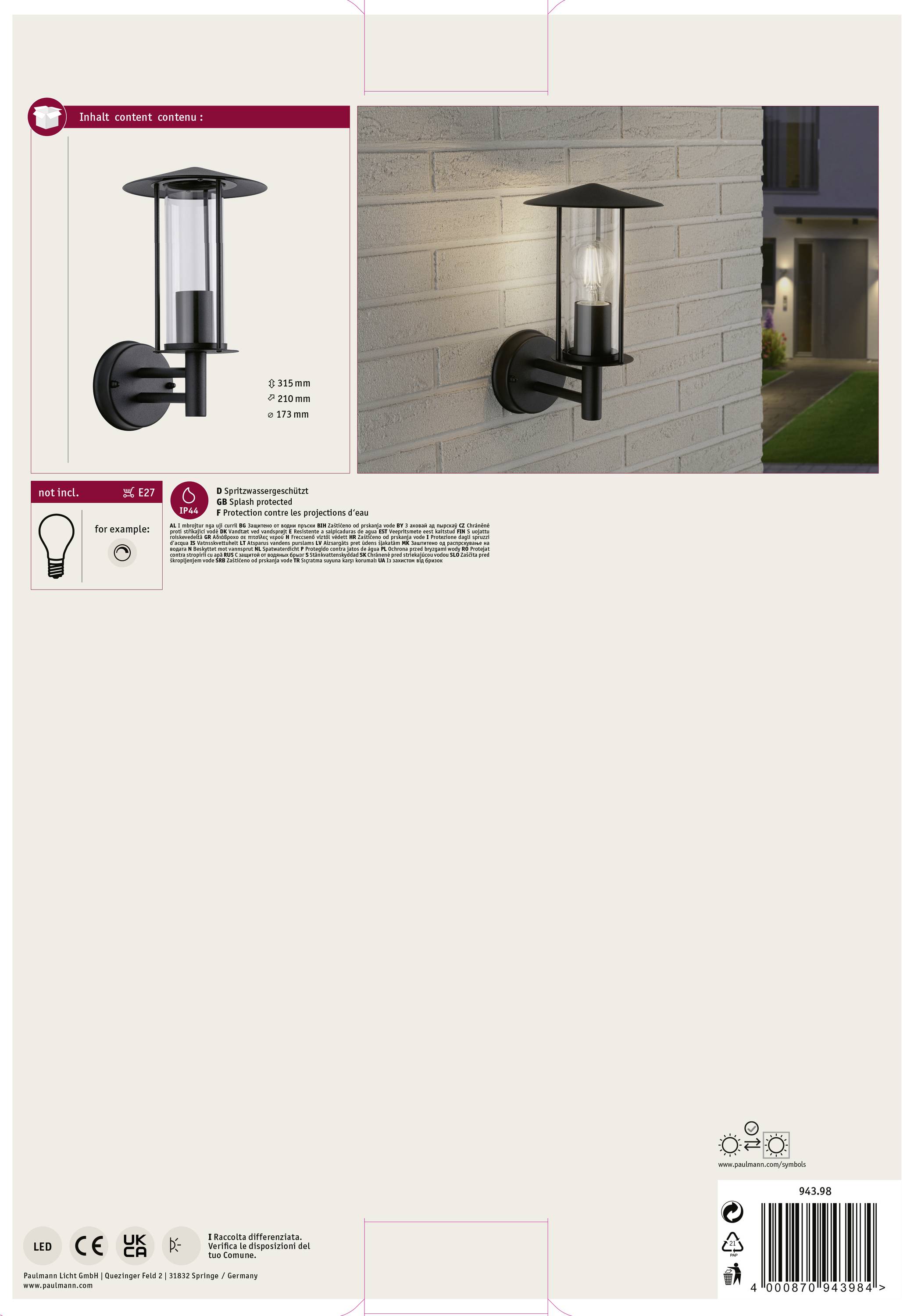 Paulmann 94398 Wandleuchte E27 Dunkelgrau