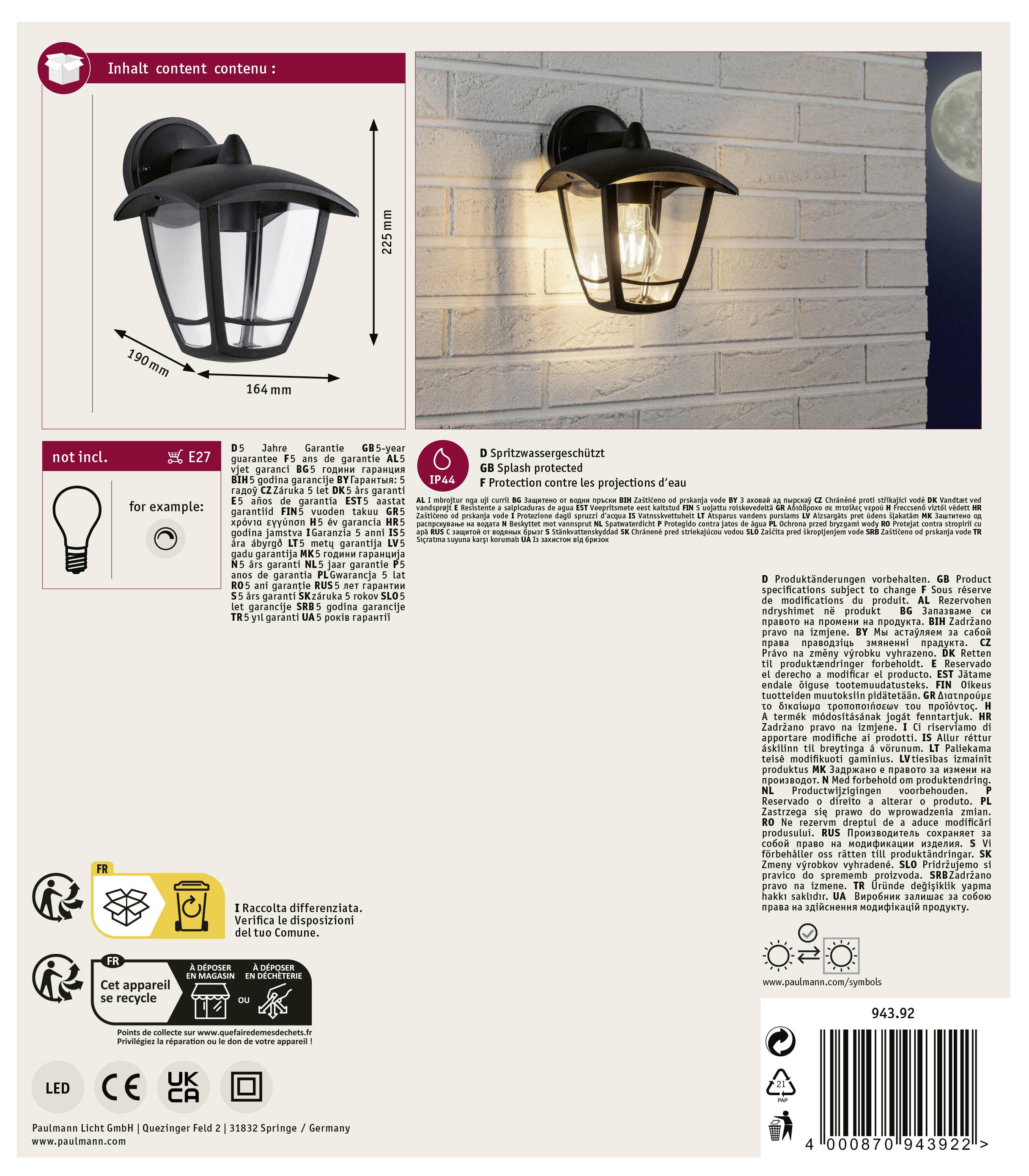 Paulmann 94392 Wandleuchte E27 Klar, Schwarz