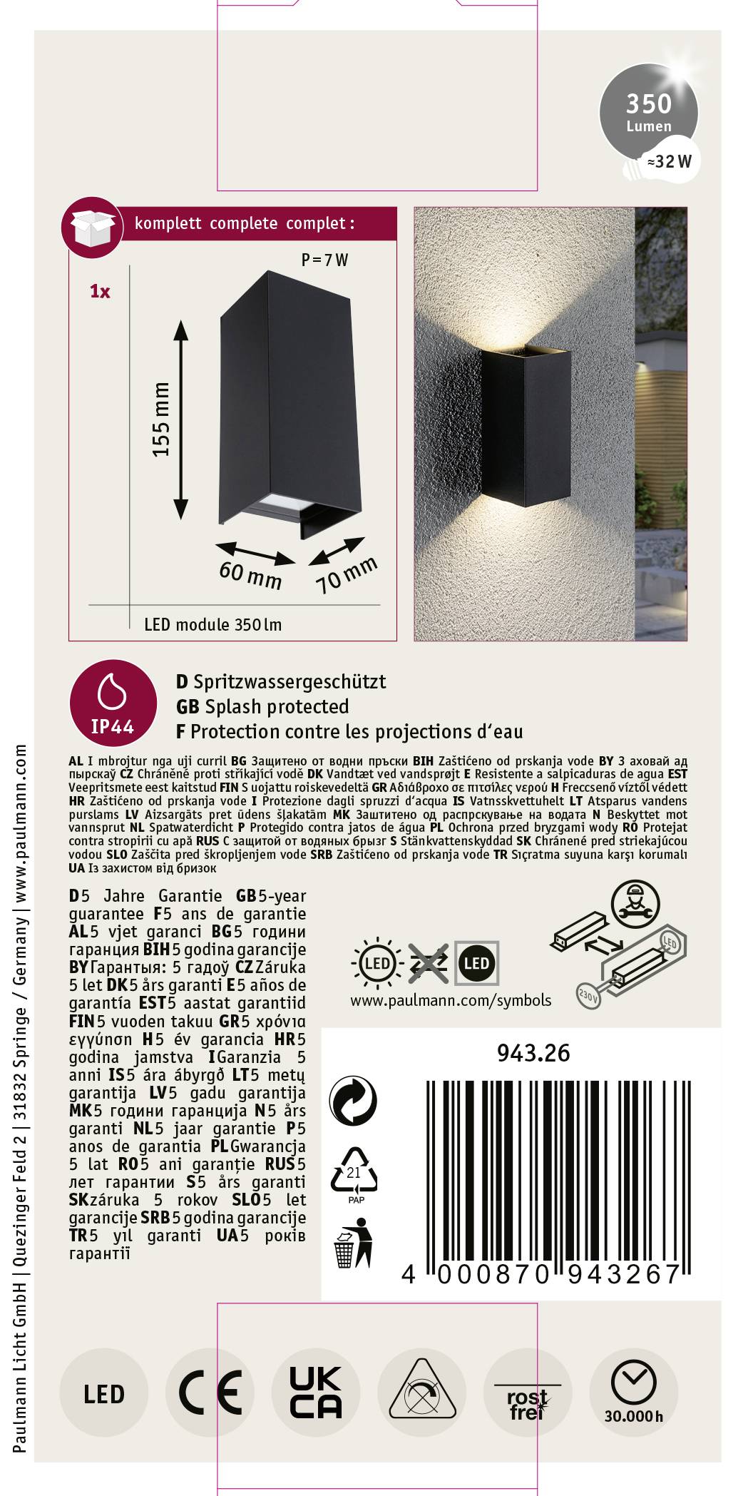 Paulmann 94326 Wandleuchte LED Anthrazit