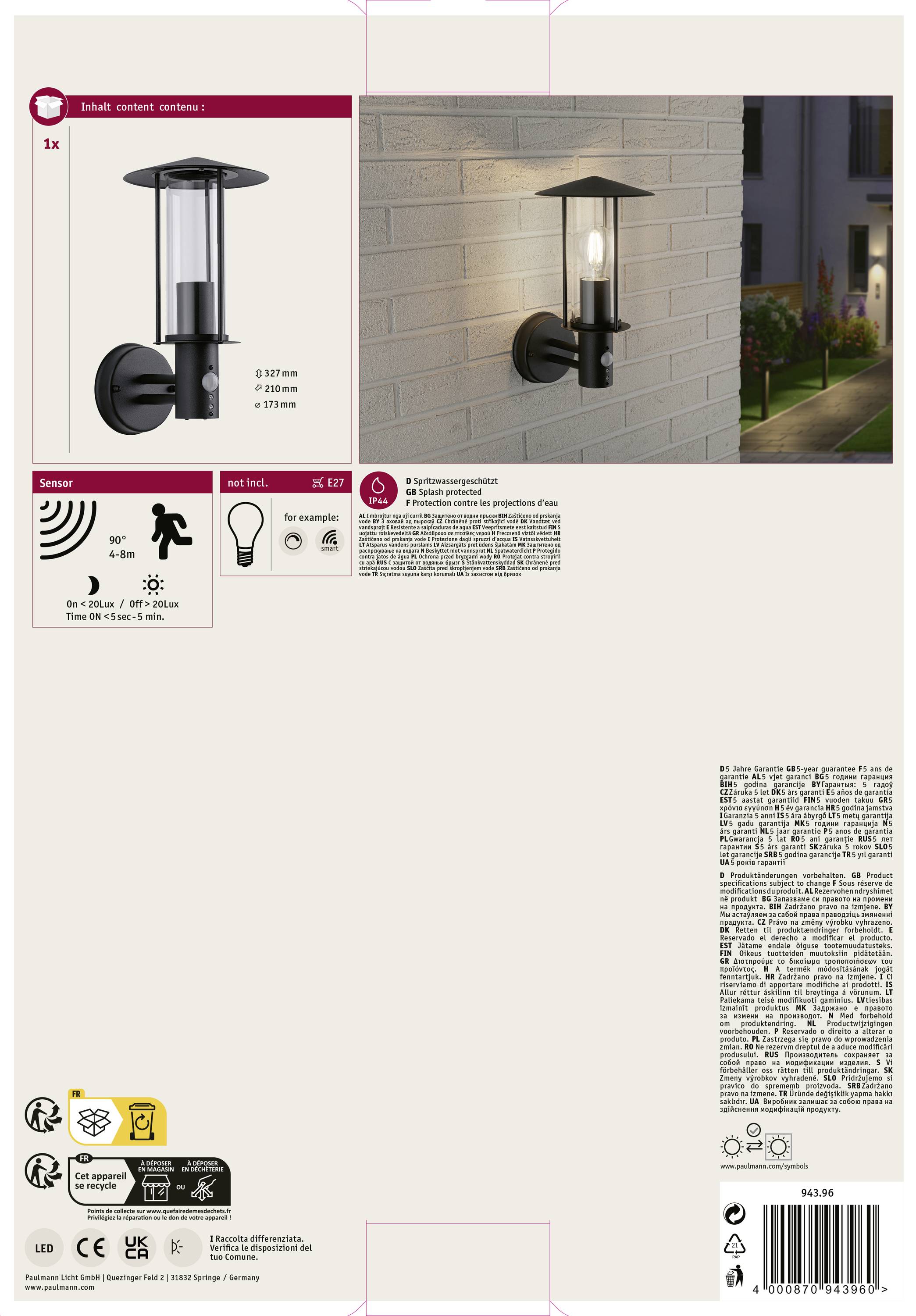 Paulmann 94396 Wandleuchte E27 Dunkelgrau