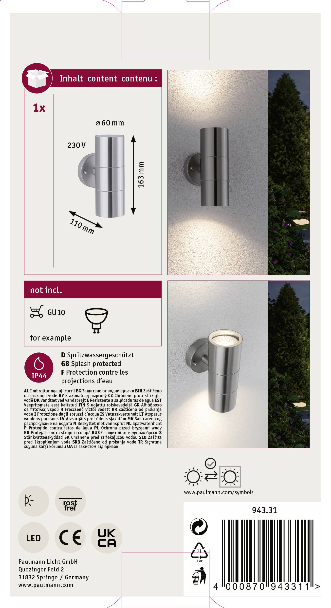 Paulmann 94331 Wandleuchte GU10 Edelstahl (gebürstet)