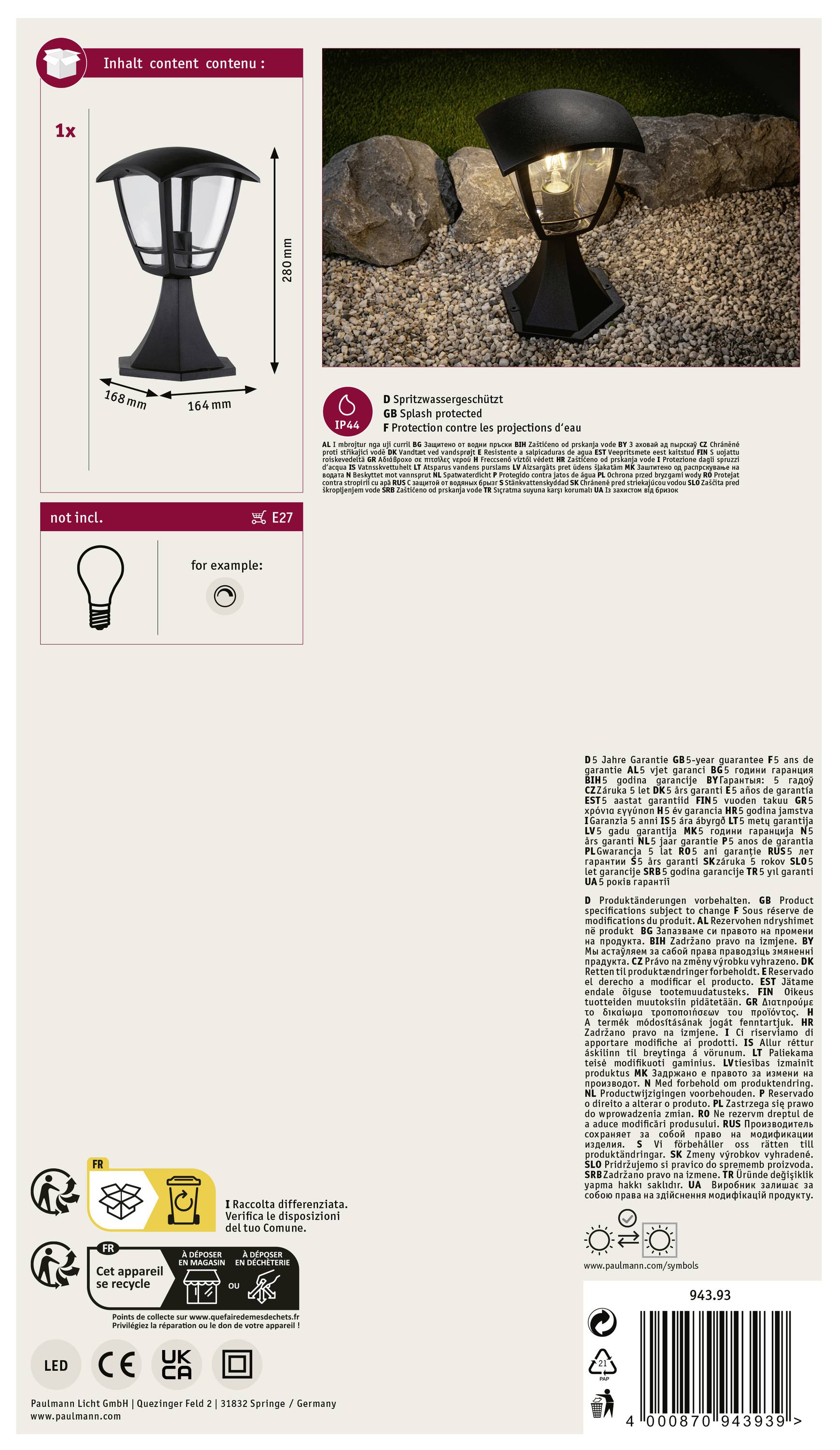 Paulmann 94393 Wandleuchte E27 Klar, Schwarz